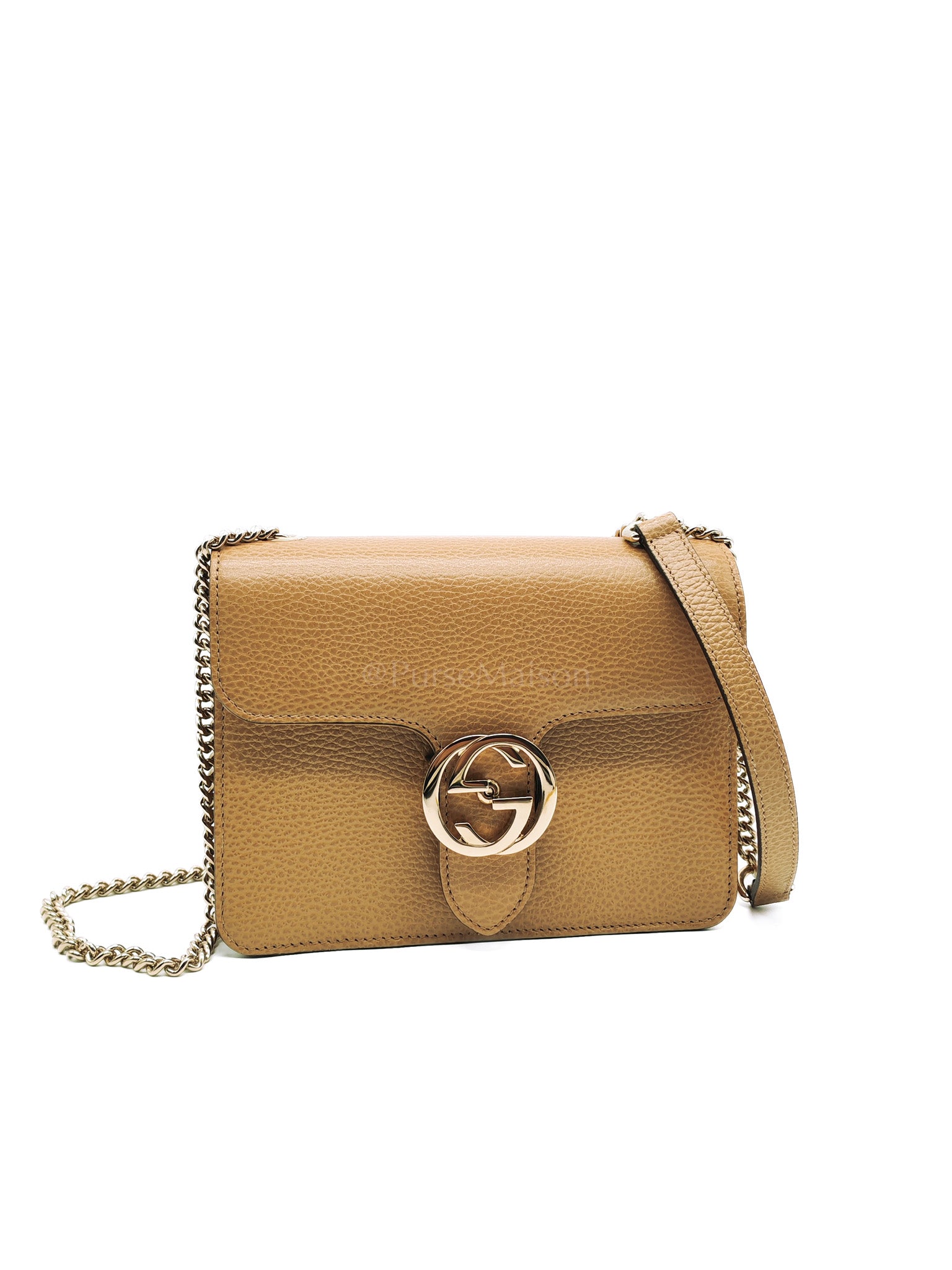 Dollar Calfskin Small Interlocking GG Shoulder Bag Gold Hardware Beige | Purse Maison Luxury Bags Shop