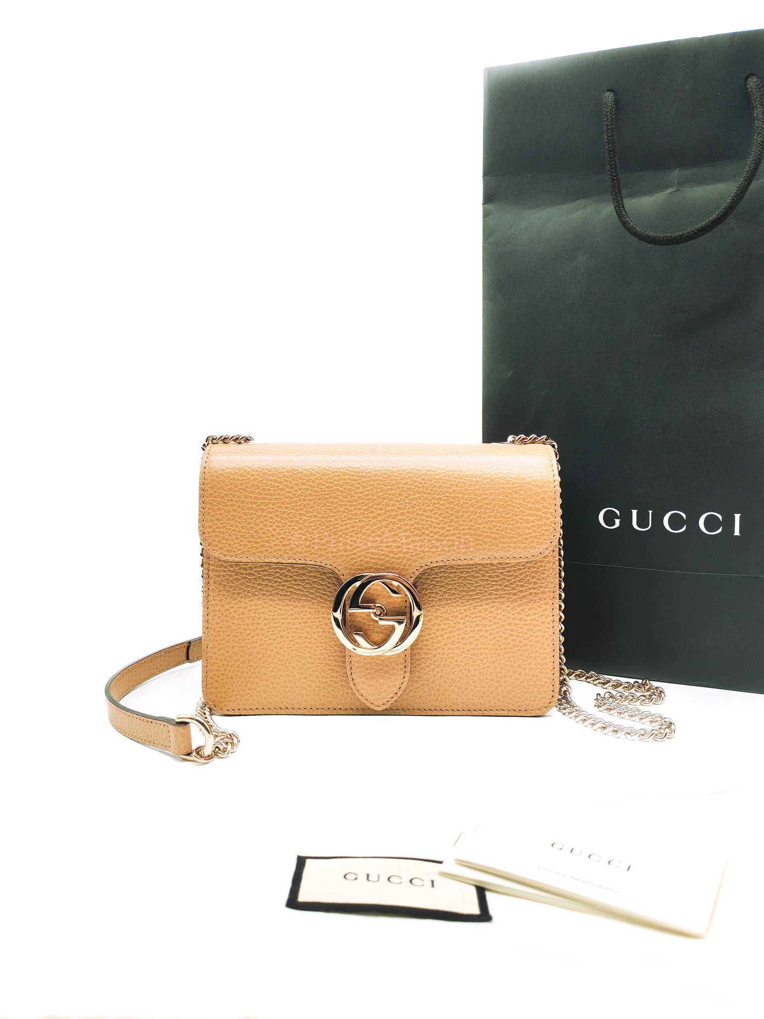 Dollar Calfskin Small Interlocking GG Shoulder Bag Gold Hardware Beige | Purse Maison Luxury Bags Shop