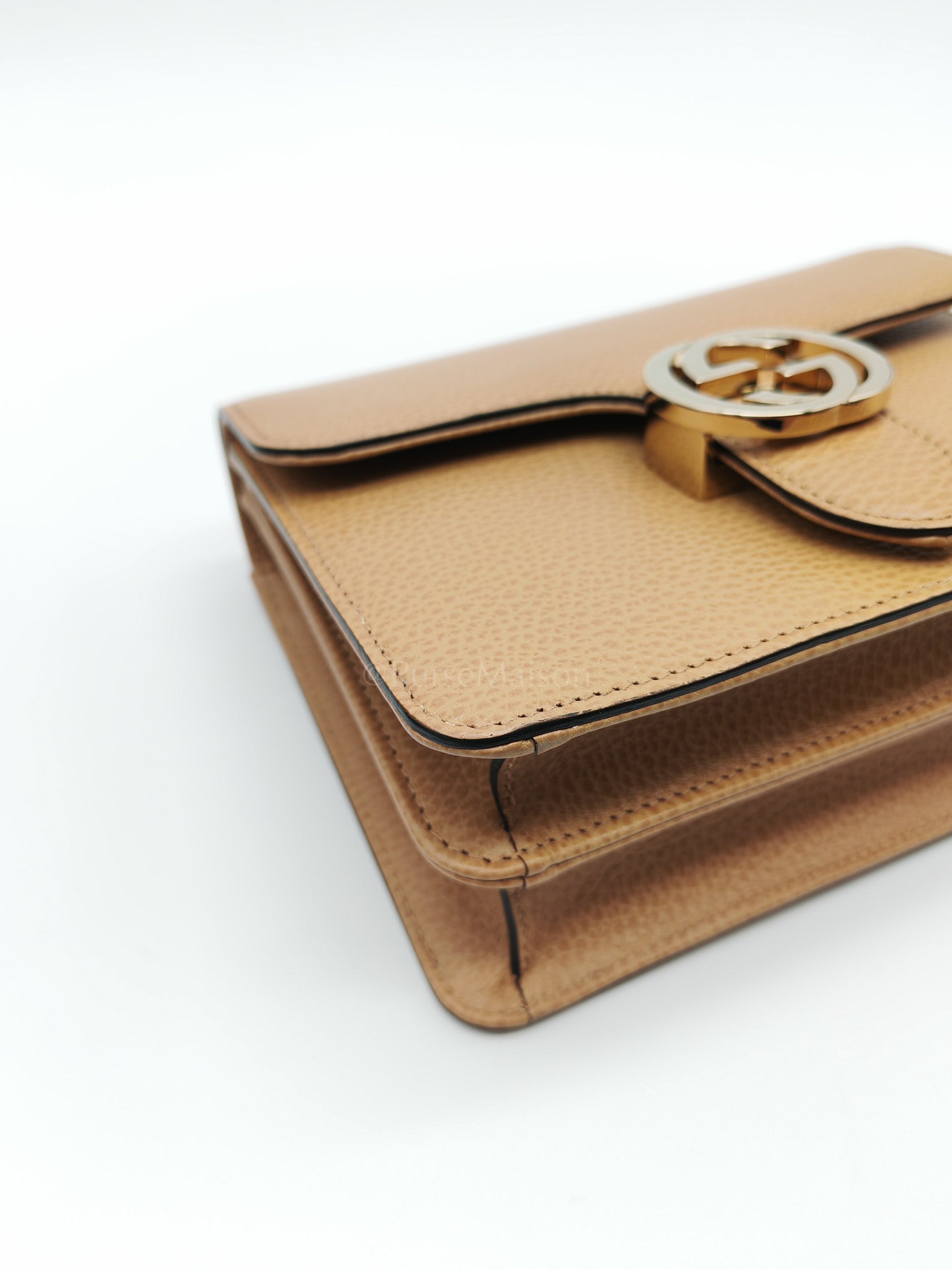 Dollar Calfskin Small Interlocking GG Shoulder Bag Gold Hardware Beige | Purse Maison Luxury Bags Shop