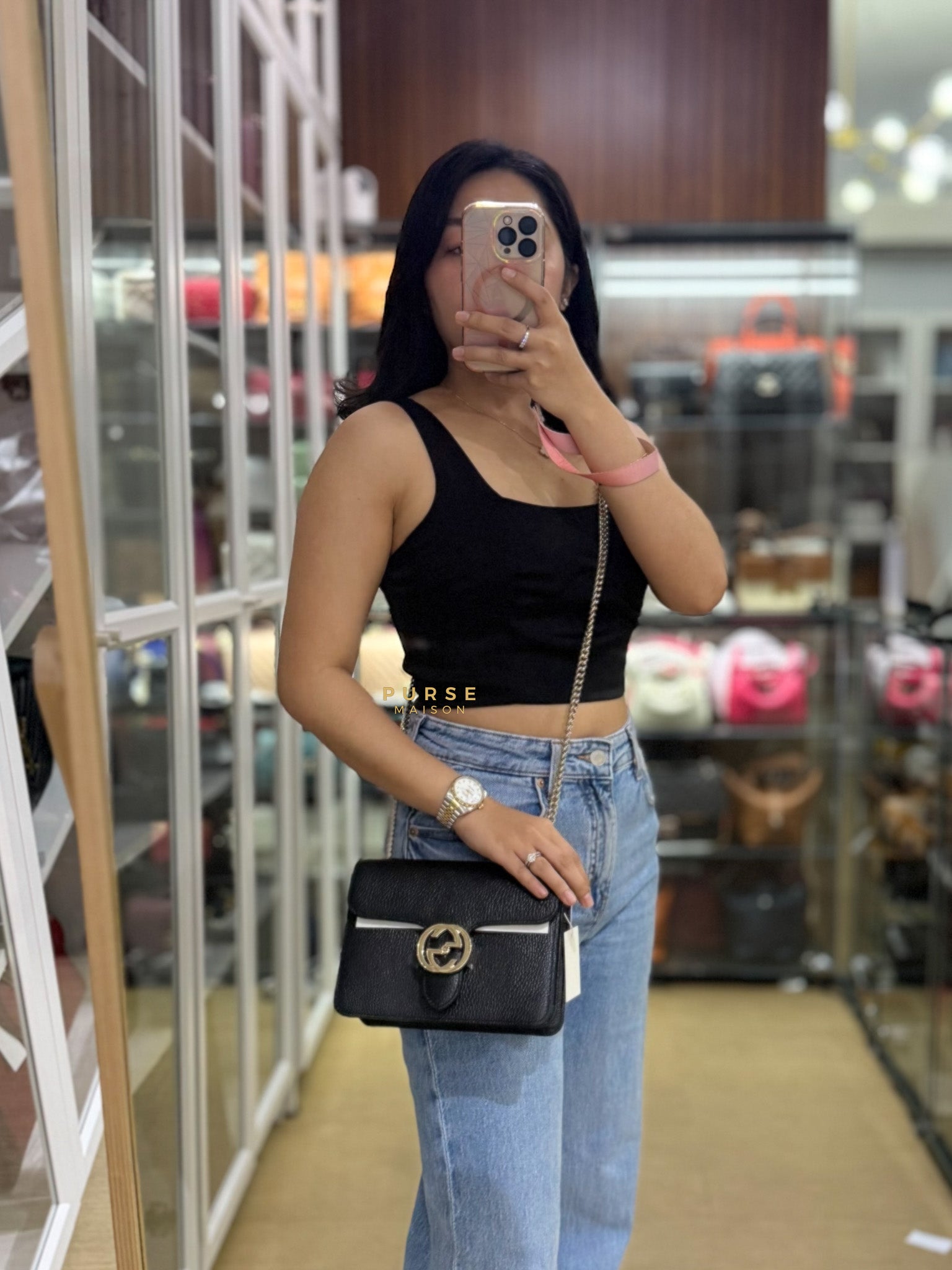Dollar Calfskin Small Interlocking GG Shoulder Bag Gold Hardware | Purse Maison Luxury Bags Shop