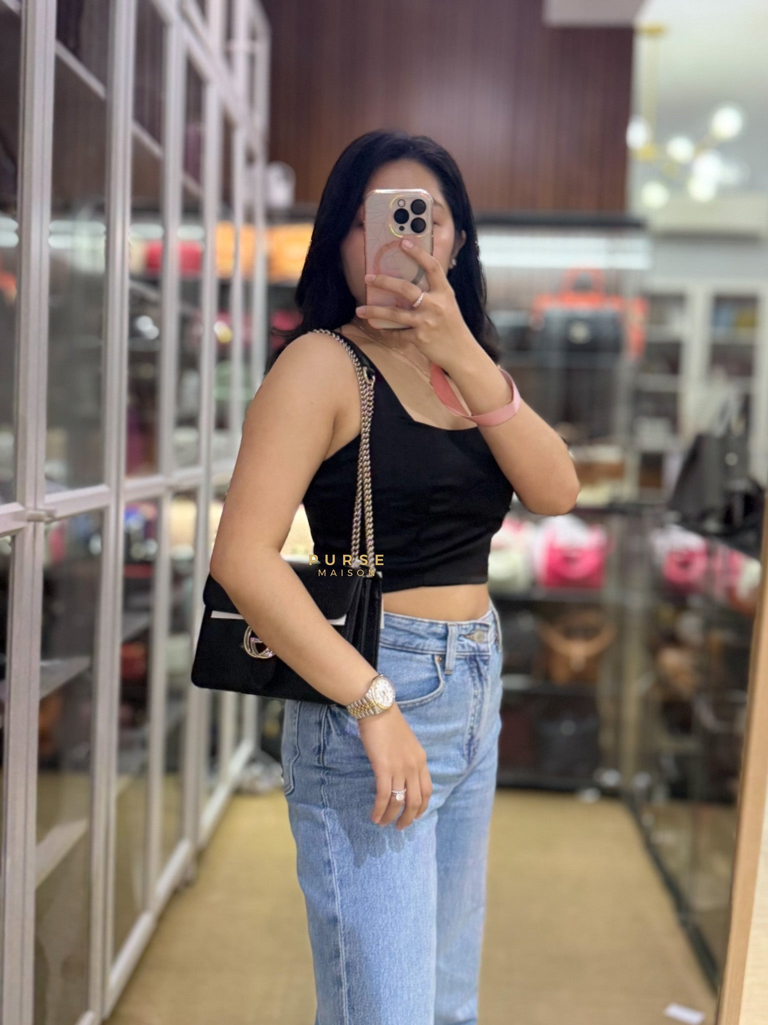 Dollar Calfskin Small Interlocking GG Shoulder Bag Gold Hardware | Purse Maison Luxury Bags Shop