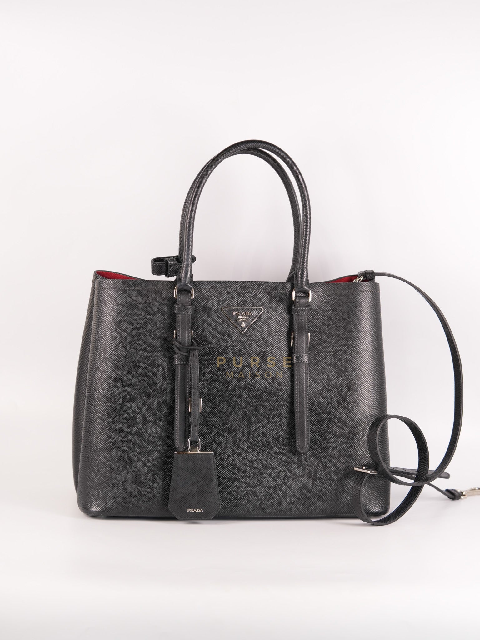 Double Bag Large in Black/Nero Saffiano Cuir Leather Silver Hardware | Purse Maison Luxury Bags Shop