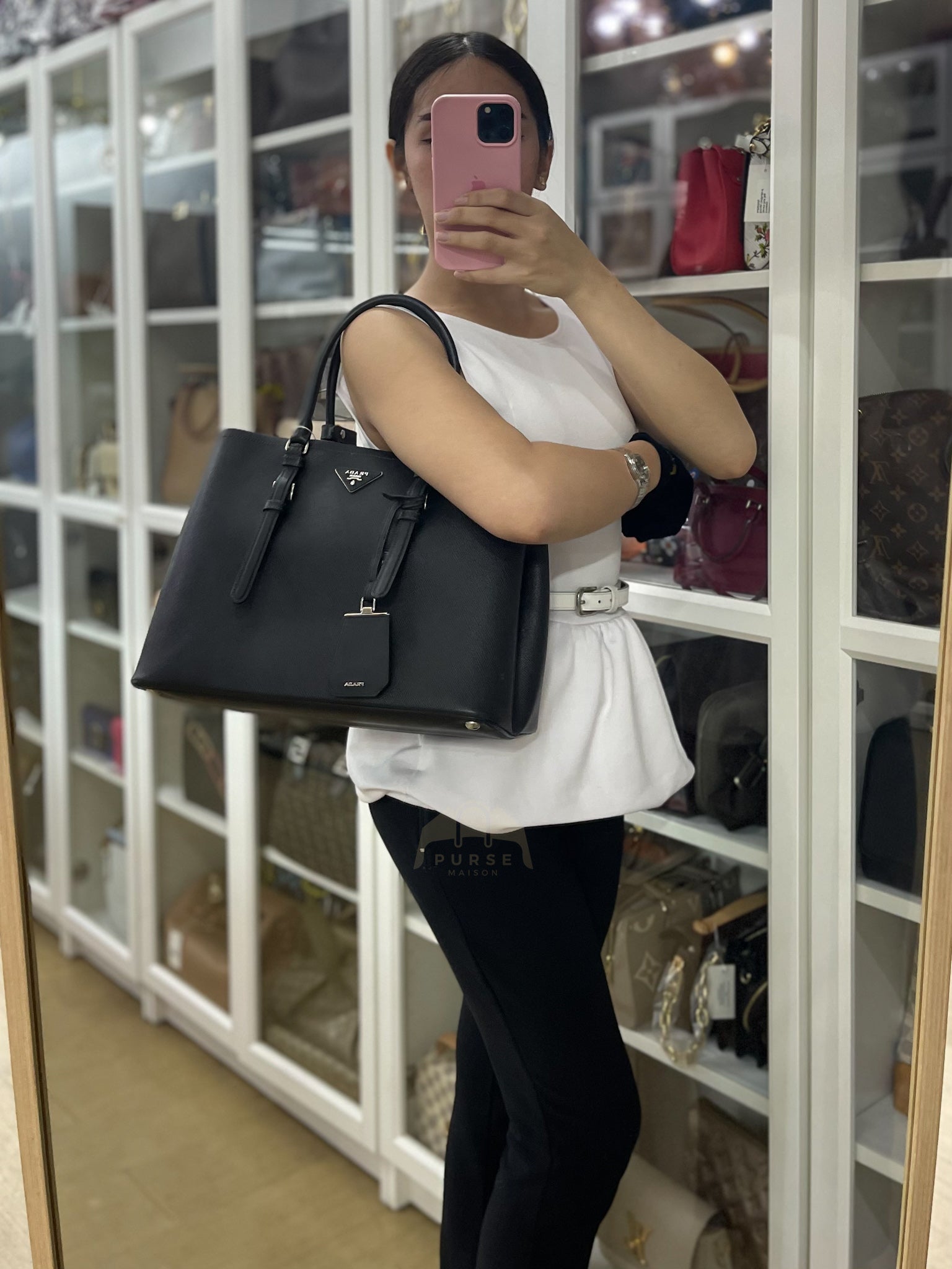 Double Bag Large in Black/Nero Saffiano Cuir Leather Silver Hardware | Purse Maison Luxury Bags Shop