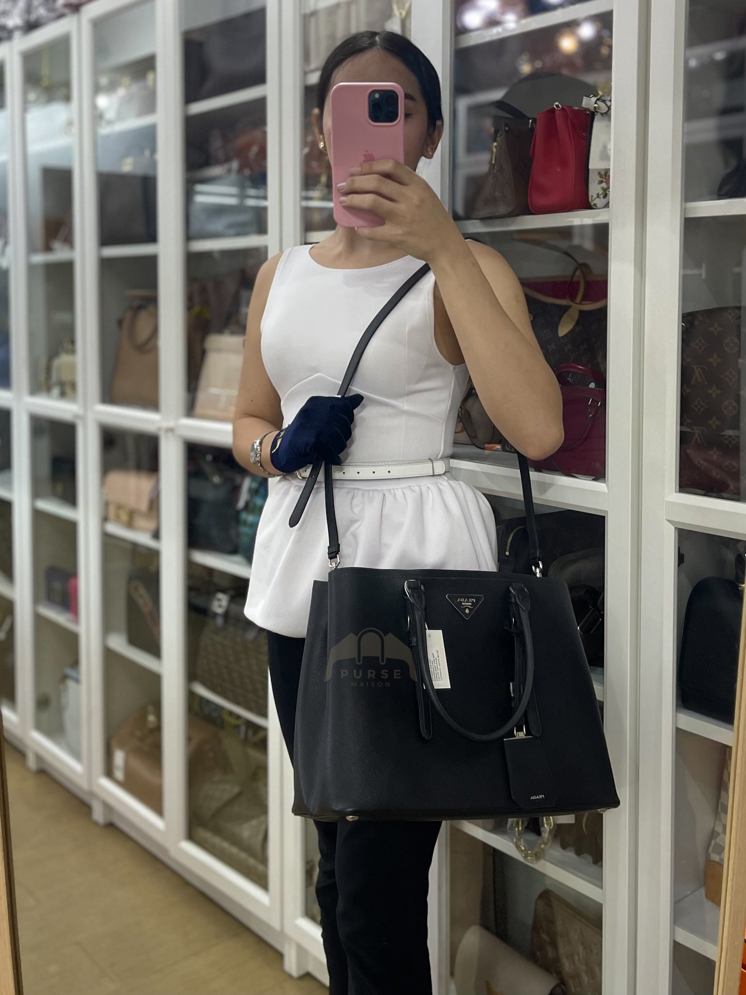 Double Bag Large in Black/Nero Saffiano Cuir Leather Silver Hardware | Purse Maison Luxury Bags Shop