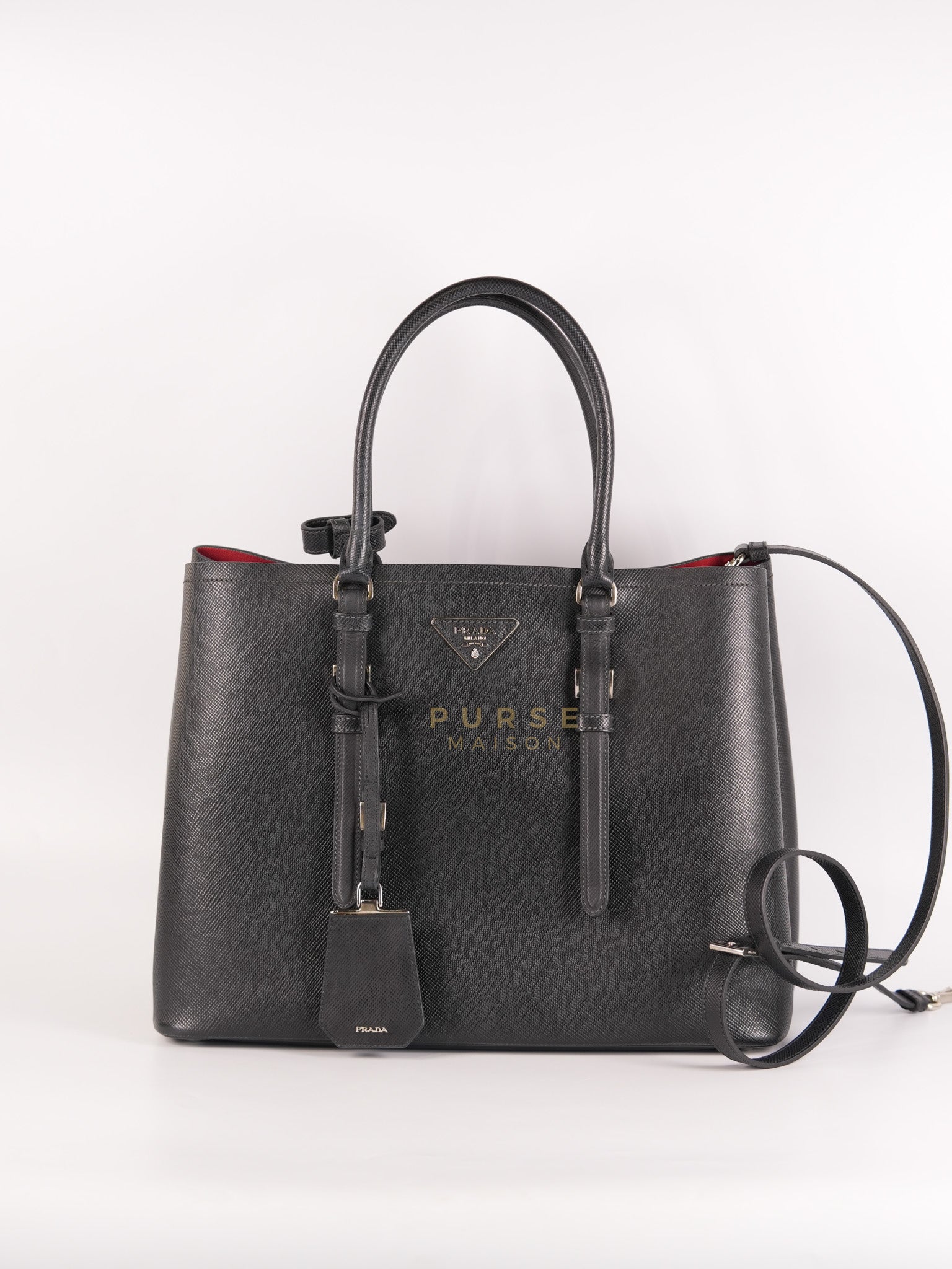 Double Bag Large in Black/Nero Saffiano Cuir Leather Silver Hardware | Purse Maison Luxury Bags Shop