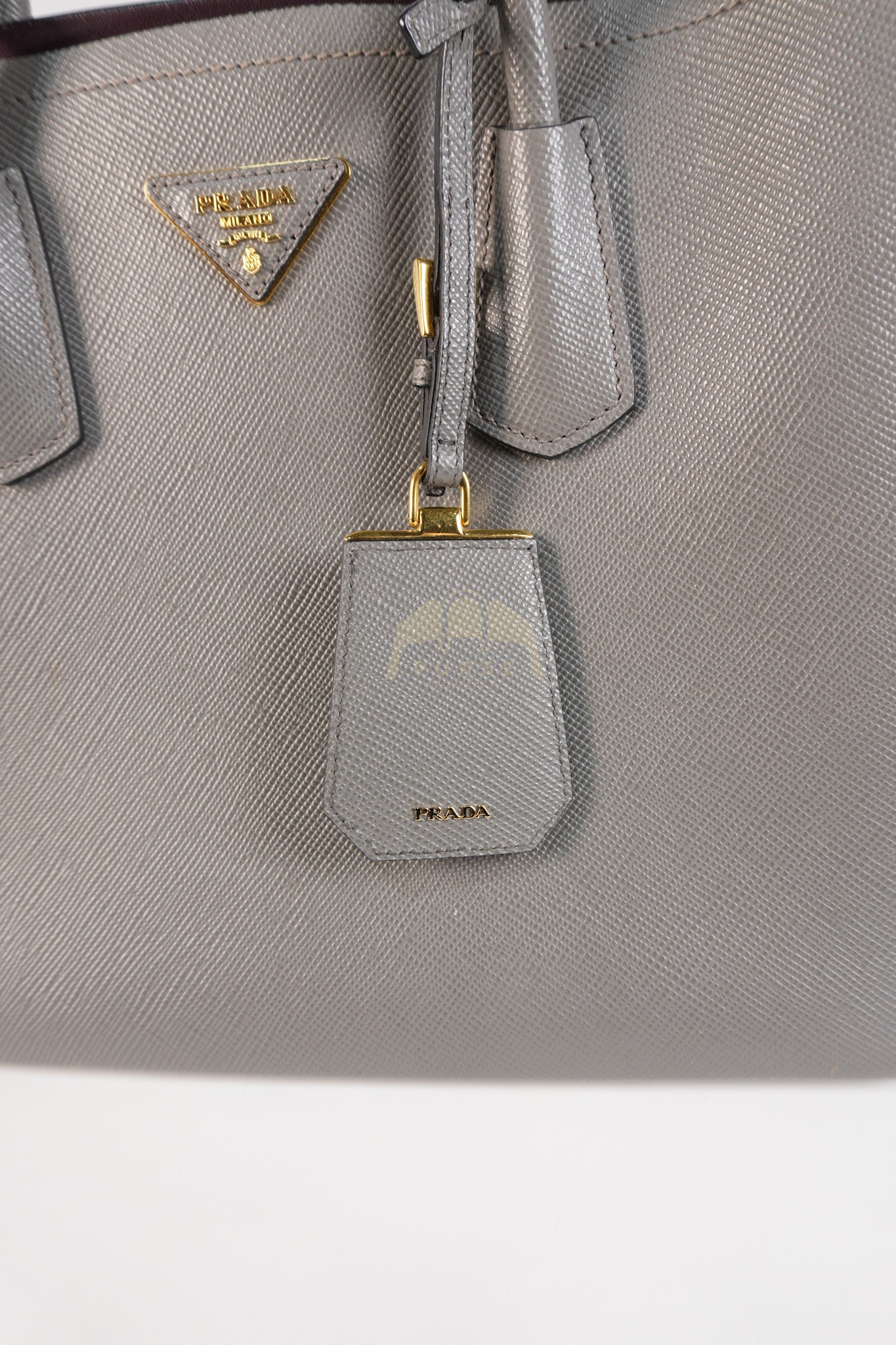 Double Bag Medium Saffiano Cuir Gray/Burgundy Leather Two-Way Bag | Purse Maison Luxury Bags Shop