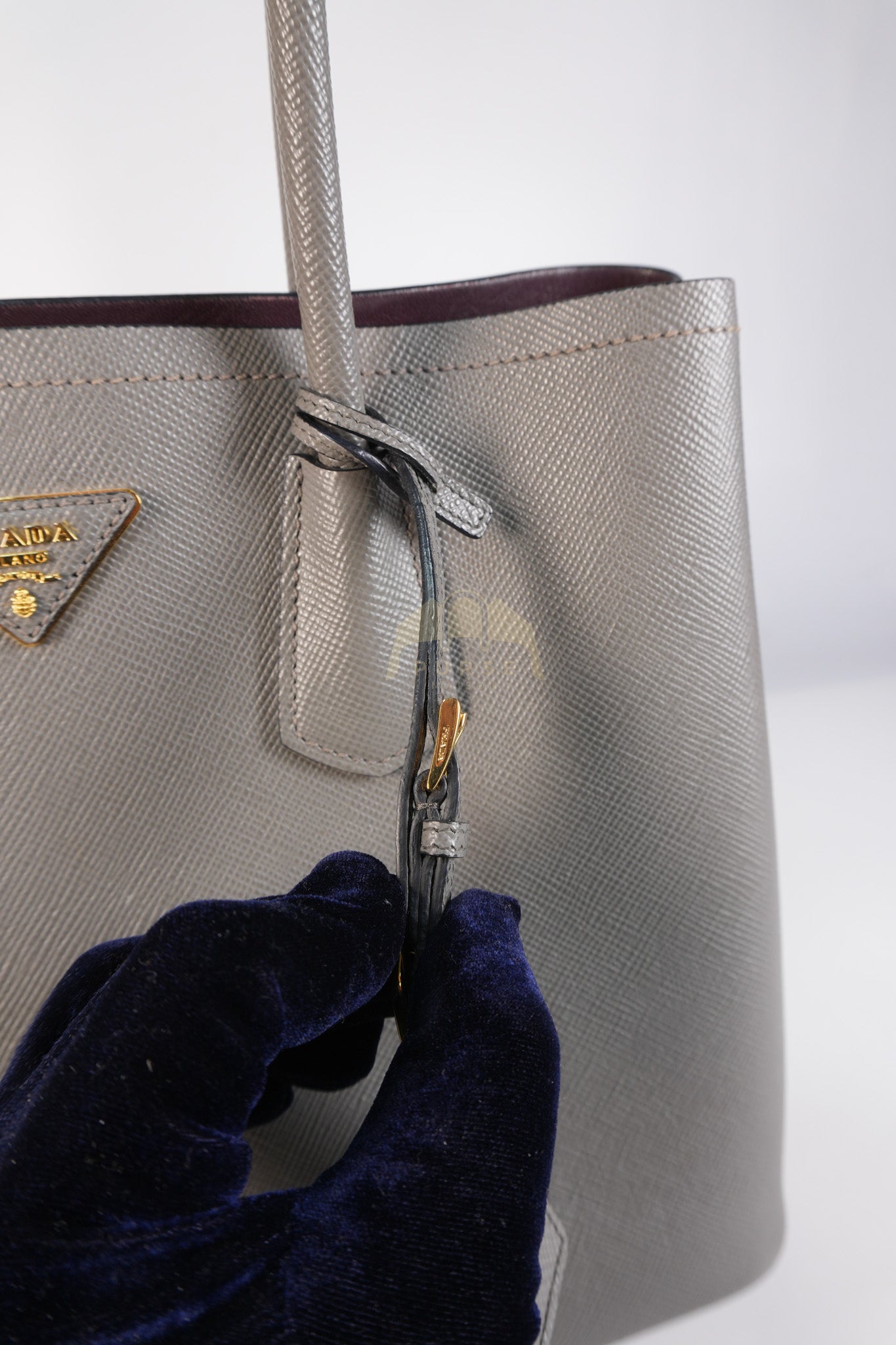 Double Bag Medium Saffiano Cuir Gray/Burgundy Leather Two-Way Bag | Purse Maison Luxury Bags Shop