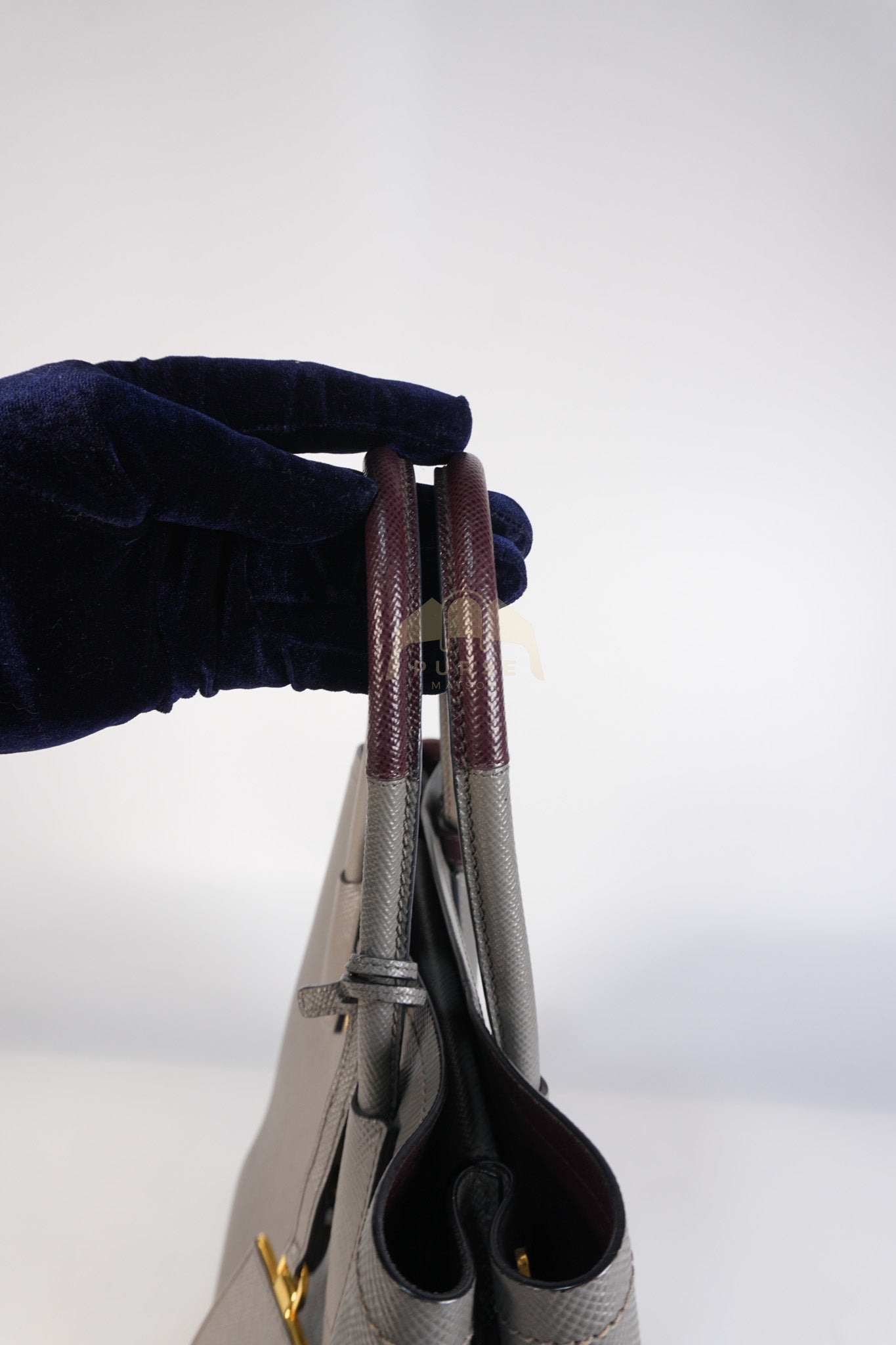 Double Bag Medium Saffiano Cuir Gray/Burgundy Leather Two-Way Bag | Purse Maison Luxury Bags Shop