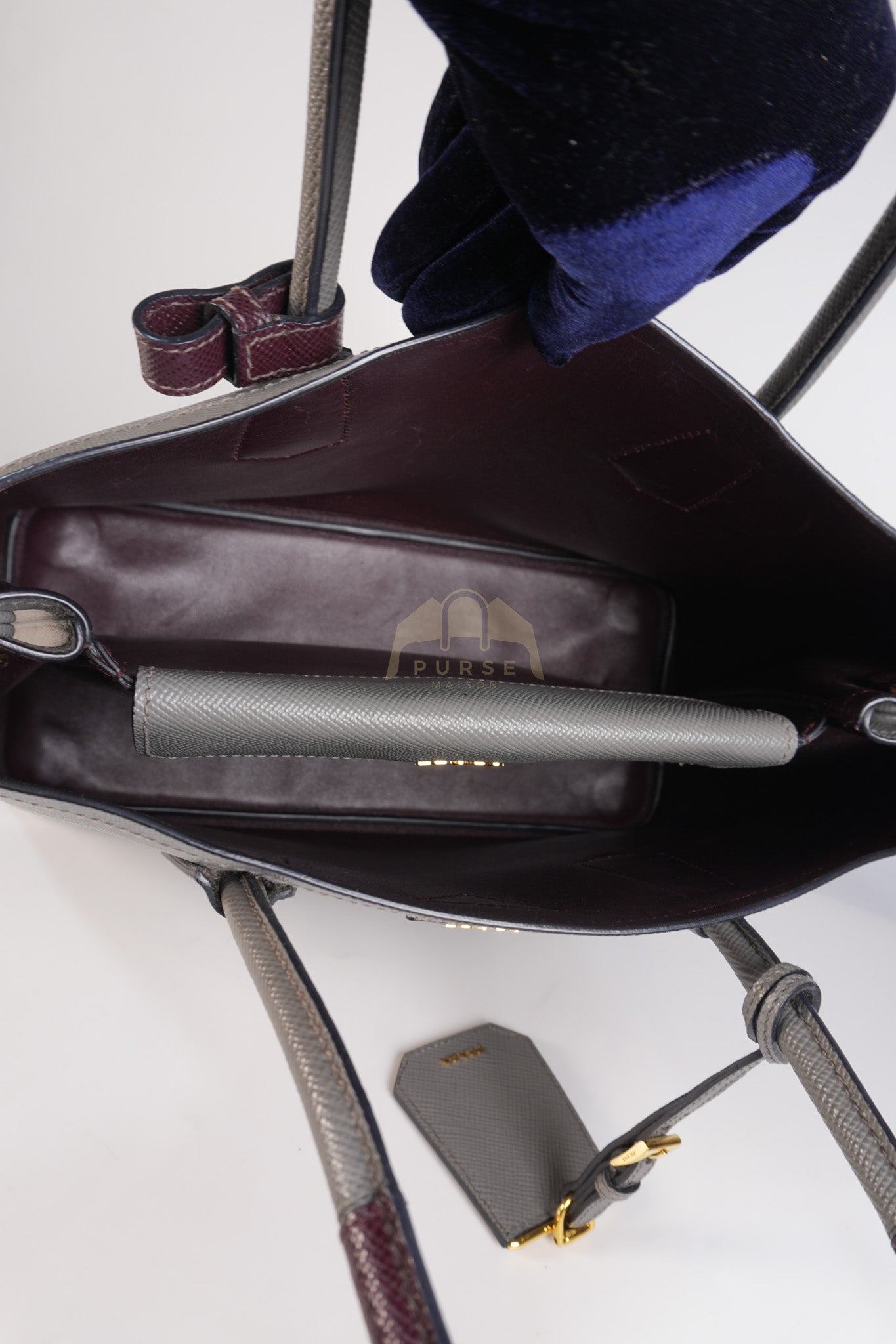 Double Bag Medium Saffiano Cuir Gray/Burgundy Leather Two-Way Bag | Purse Maison Luxury Bags Shop