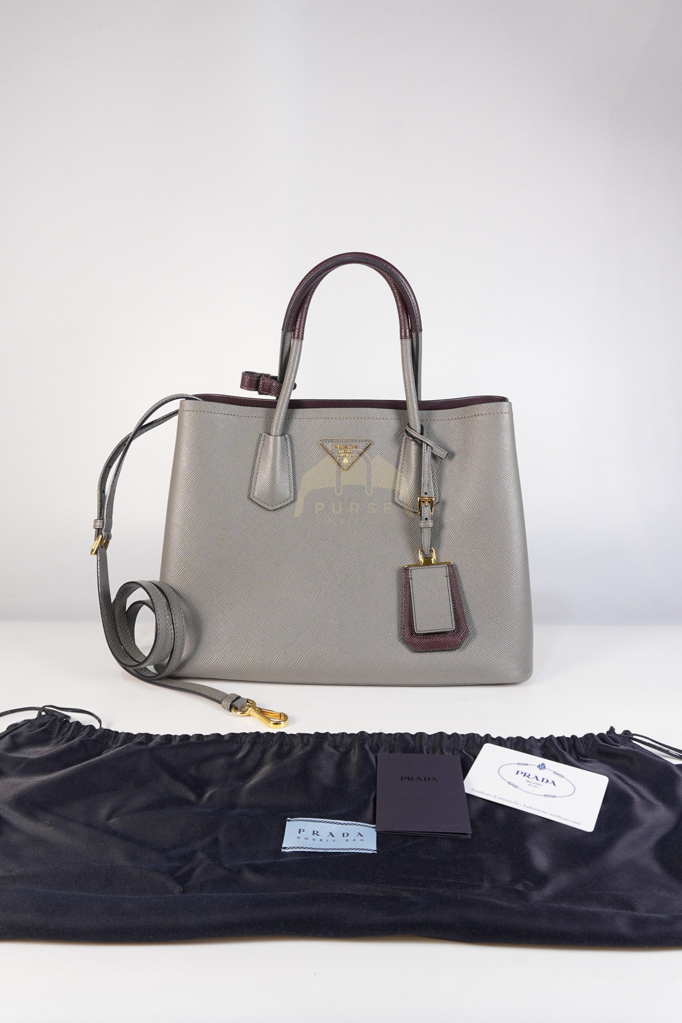 Double Bag Medium Saffiano Cuir Gray/Burgundy Leather Two-Way Bag | Purse Maison Luxury Bags Shop