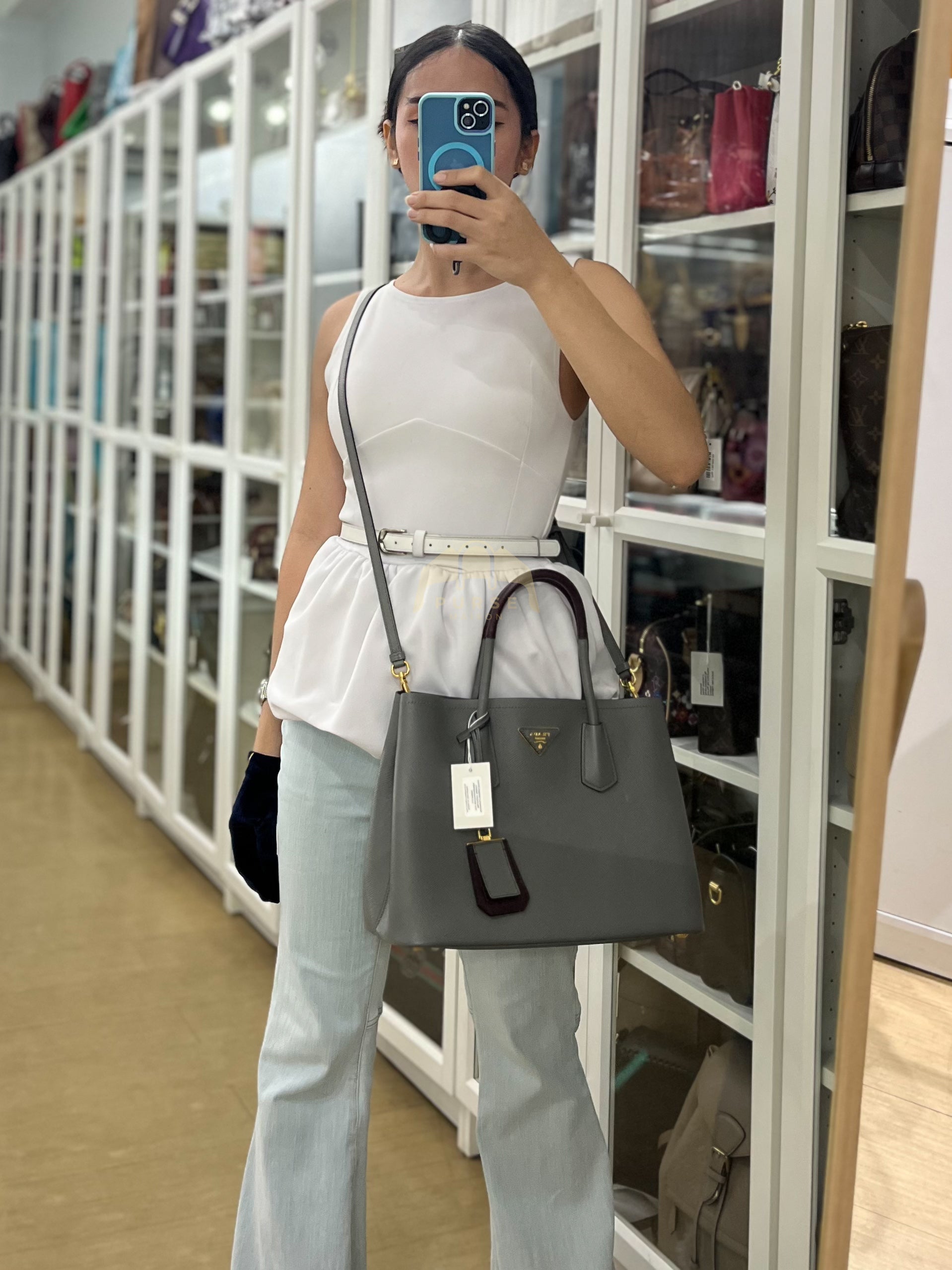 Double Bag Medium Saffiano Cuir Gray/Burgundy Leather Two-Way Bag | Purse Maison Luxury Bags Shop