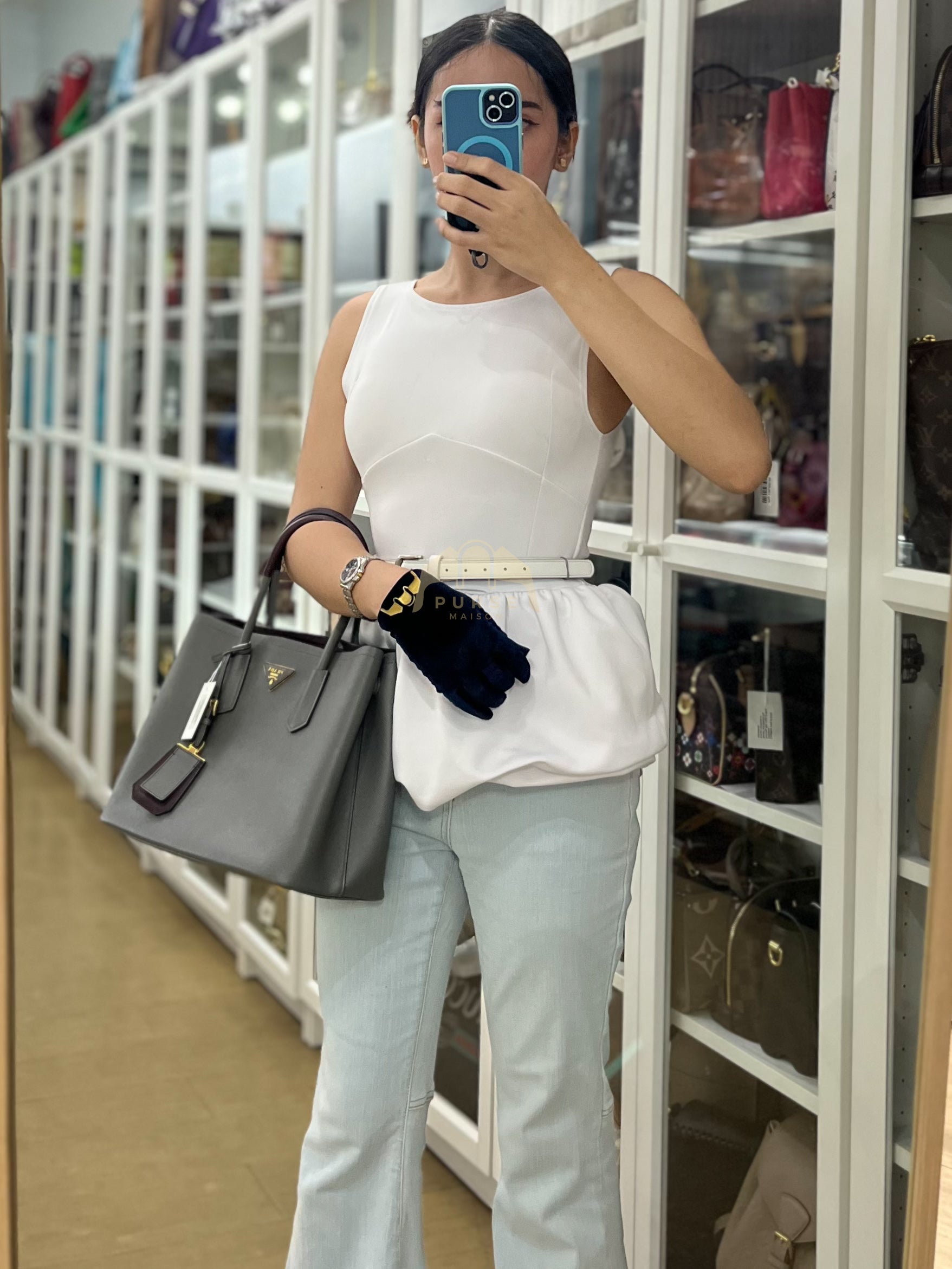 Double Bag Medium Saffiano Cuir Gray/Burgundy Leather Two-Way Bag | Purse Maison Luxury Bags Shop