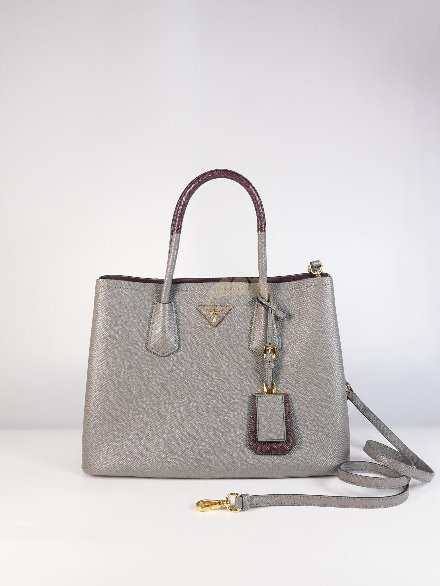 Double Bag Medium Saffiano Cuir Gray/Burgundy Leather Two-Way Bag | Purse Maison Luxury Bags Shop