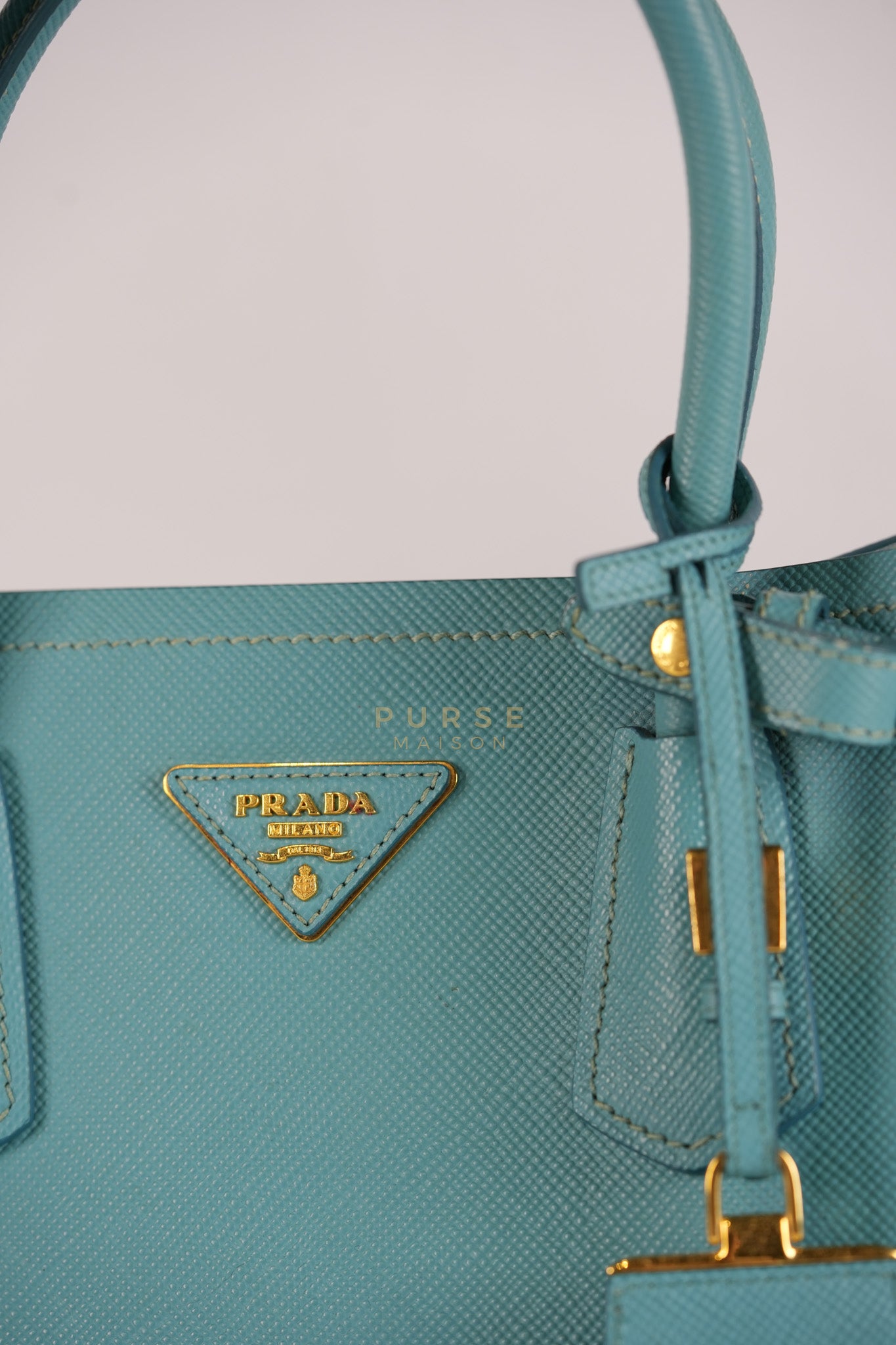 Double Handle Tote Bag Small in Teal Saffiano Cuir Leather | Purse Maison Luxury Bags Shop