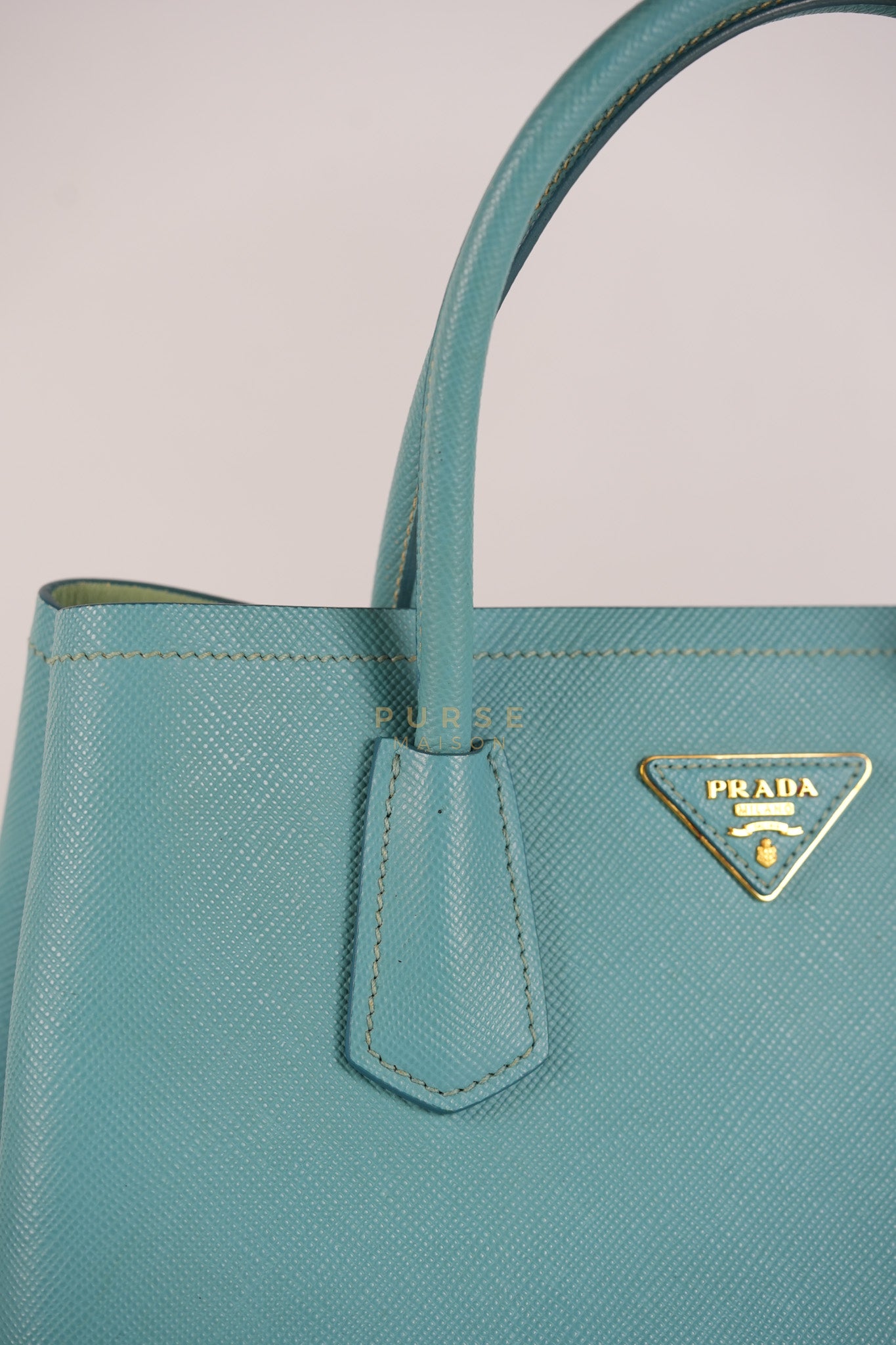 Double Handle Tote Bag Small in Teal Saffiano Cuir Leather | Purse Maison Luxury Bags Shop