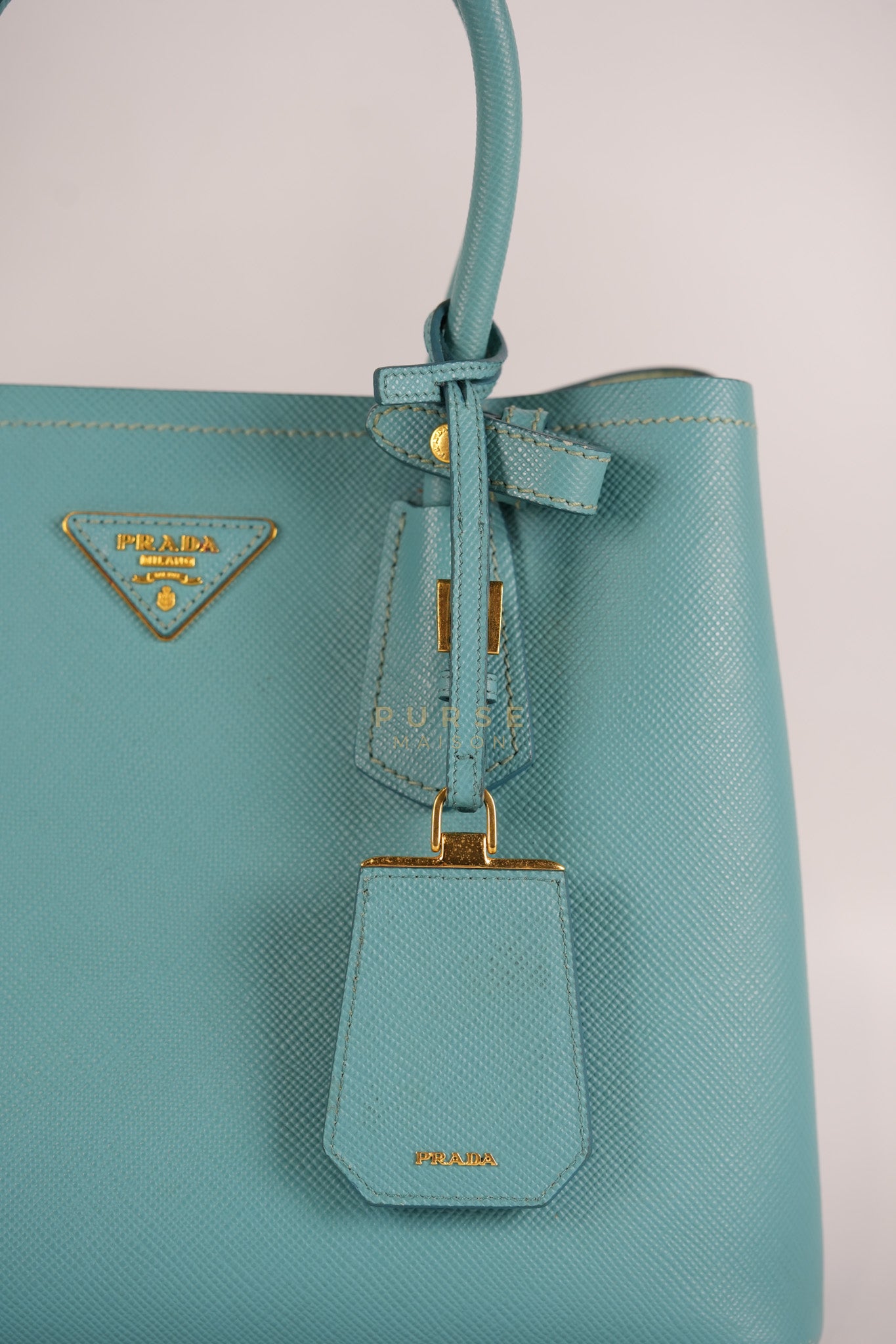 Double Handle Tote Bag Small in Teal Saffiano Cuir Leather | Purse Maison Luxury Bags Shop
