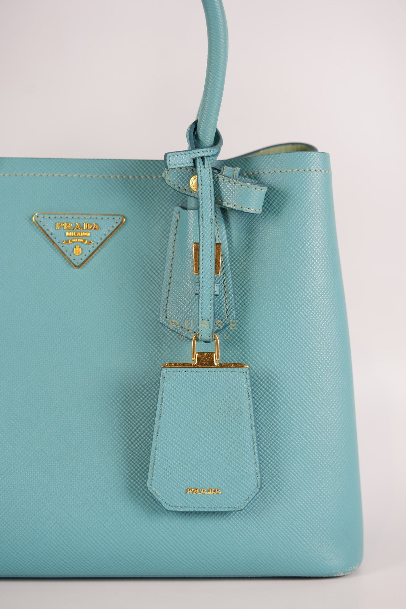 Double Handle Tote Bag Small in Teal Saffiano Cuir Leather | Purse Maison Luxury Bags Shop