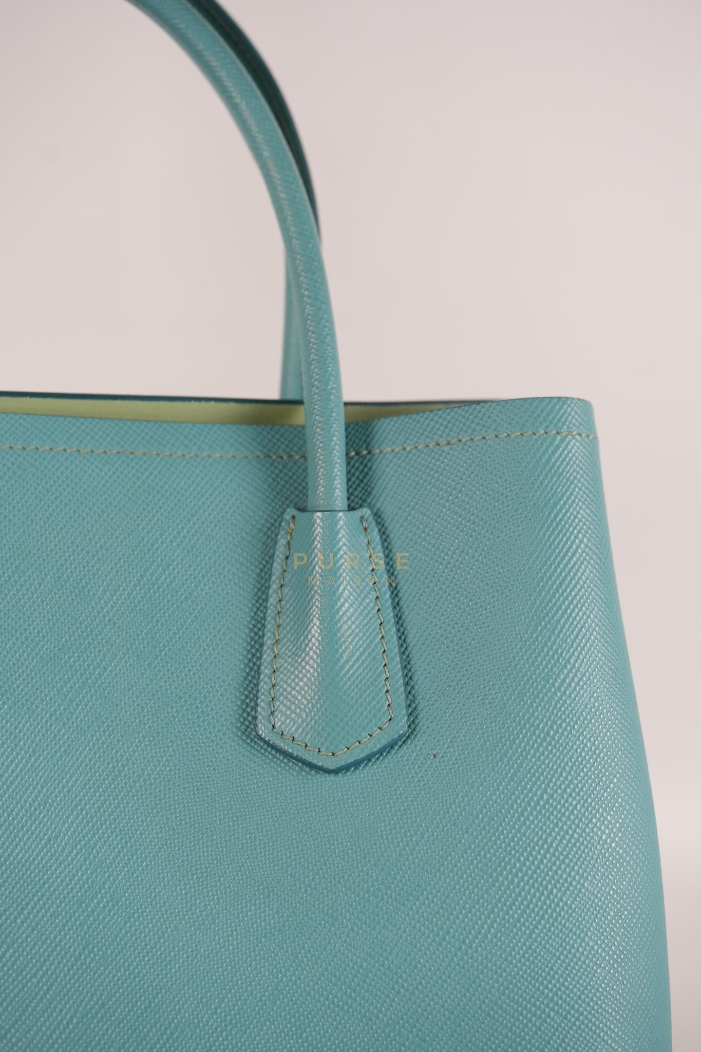 Double Handle Tote Bag Small in Teal Saffiano Cuir Leather | Purse Maison Luxury Bags Shop