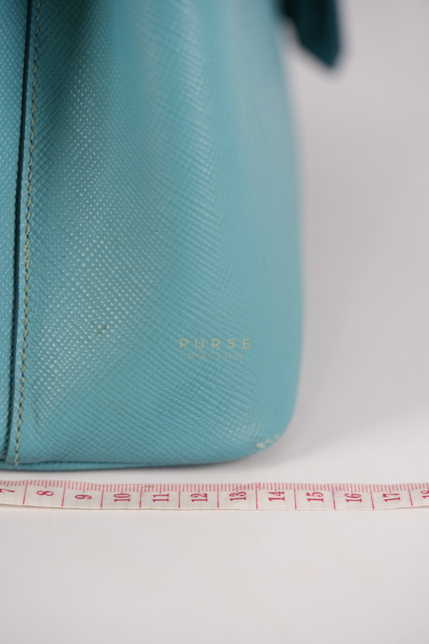 Double Handle Tote Bag Small in Teal Saffiano Cuir Leather | Purse Maison Luxury Bags Shop