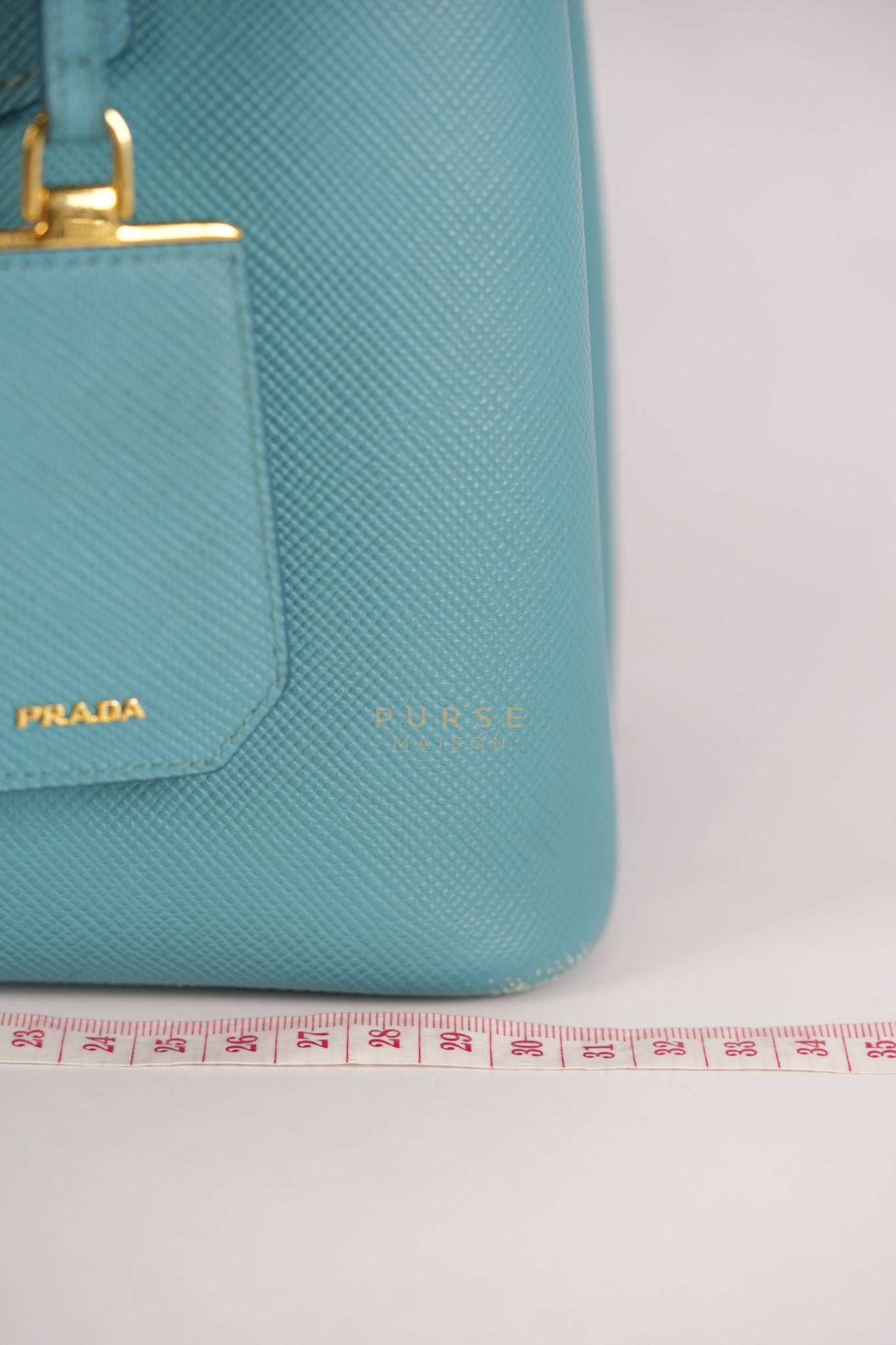 Double Handle Tote Bag Small in Teal Saffiano Cuir Leather | Purse Maison Luxury Bags Shop