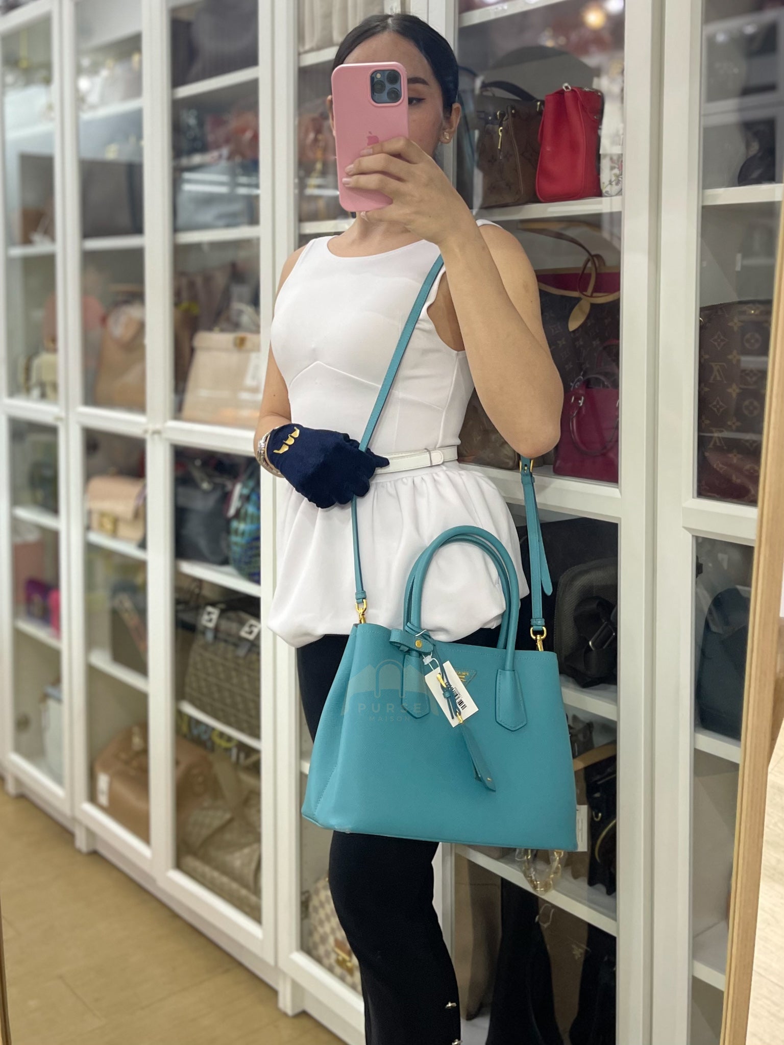 Double Handle Tote Bag Small in Teal Saffiano Cuir Leather | Purse Maison Luxury Bags Shop