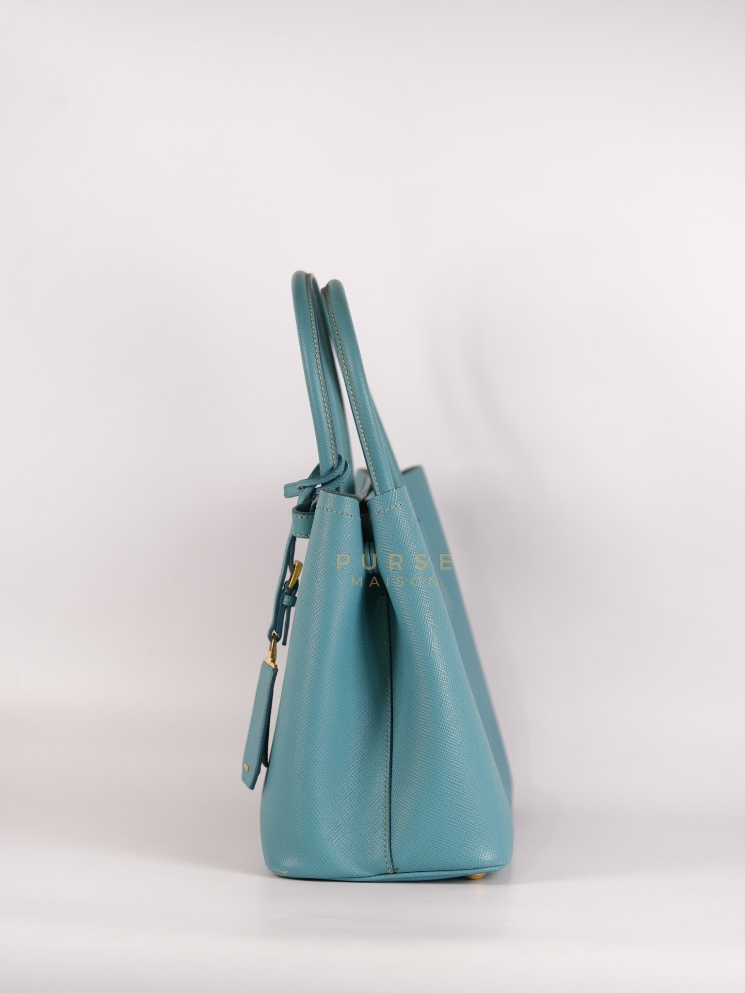 Double Handle Tote Bag Small in Teal Saffiano Cuir Leather | Purse Maison Luxury Bags Shop
