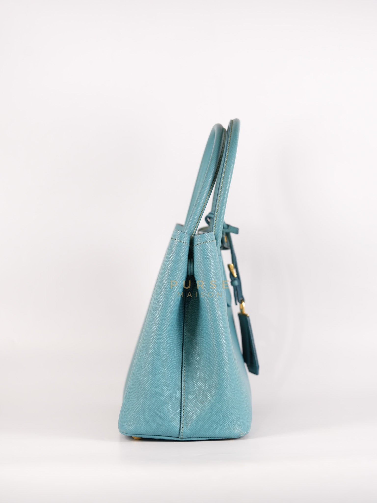 Double Handle Tote Bag Small in Teal Saffiano Cuir Leather | Purse Maison Luxury Bags Shop