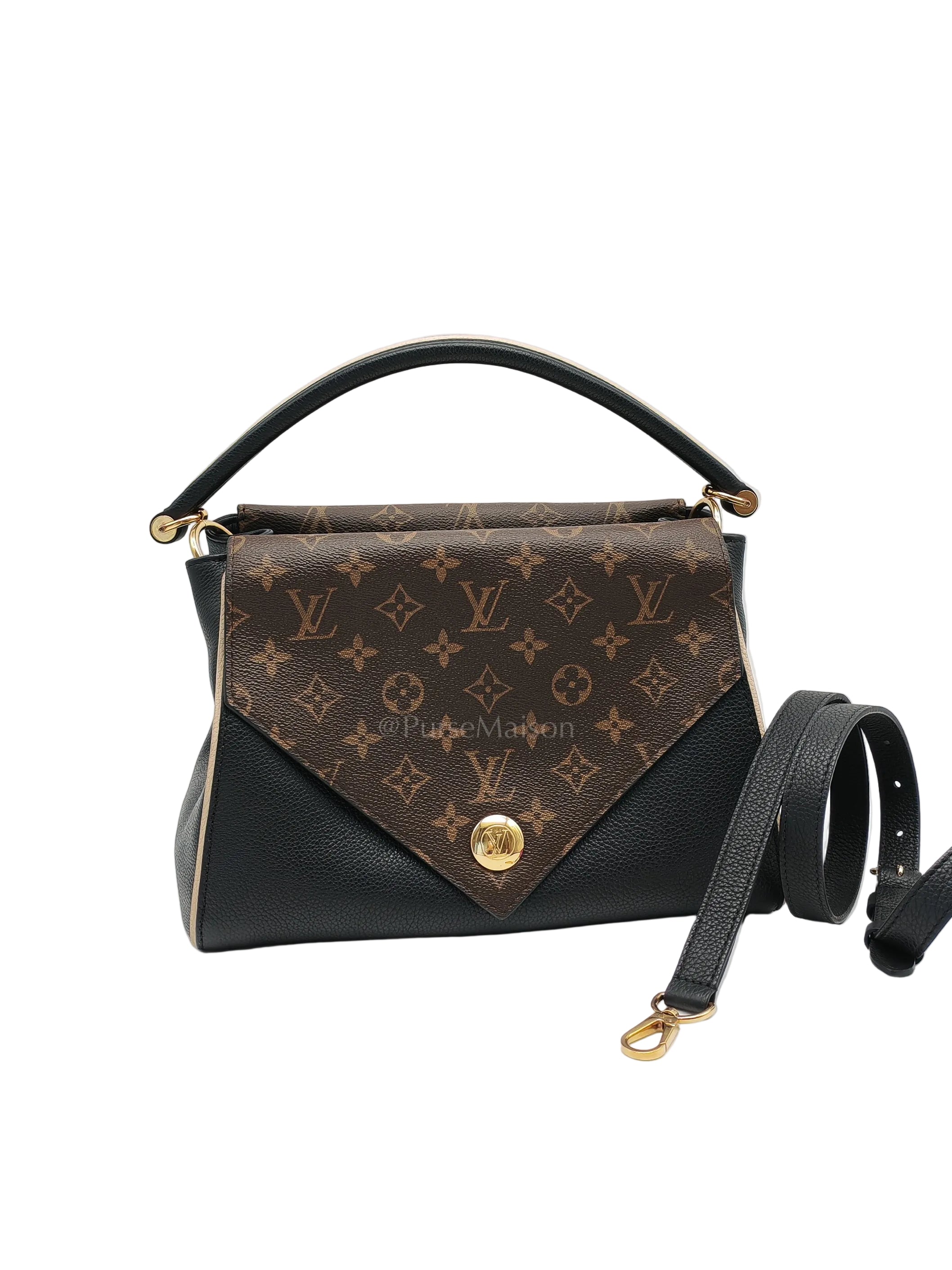Double V Monogram Canvas and Black Grained Leather Shoulder Bag (Date Code: TR4137) | Purse Maison Luxury Bags Shop