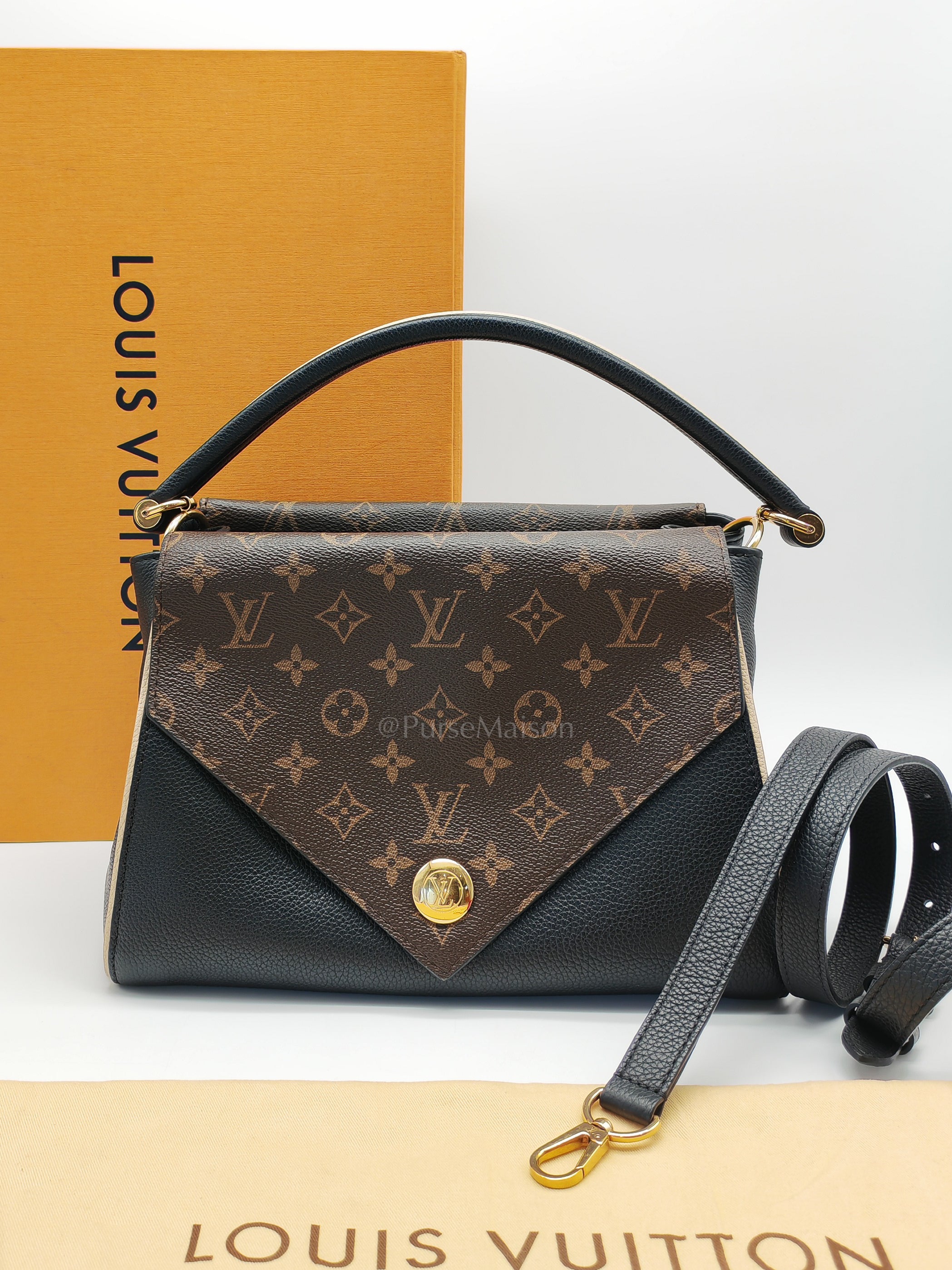 Double V Monogram Canvas and Black Grained Leather Shoulder Bag (Date Code: TR4137) | Purse Maison Luxury Bags Shop