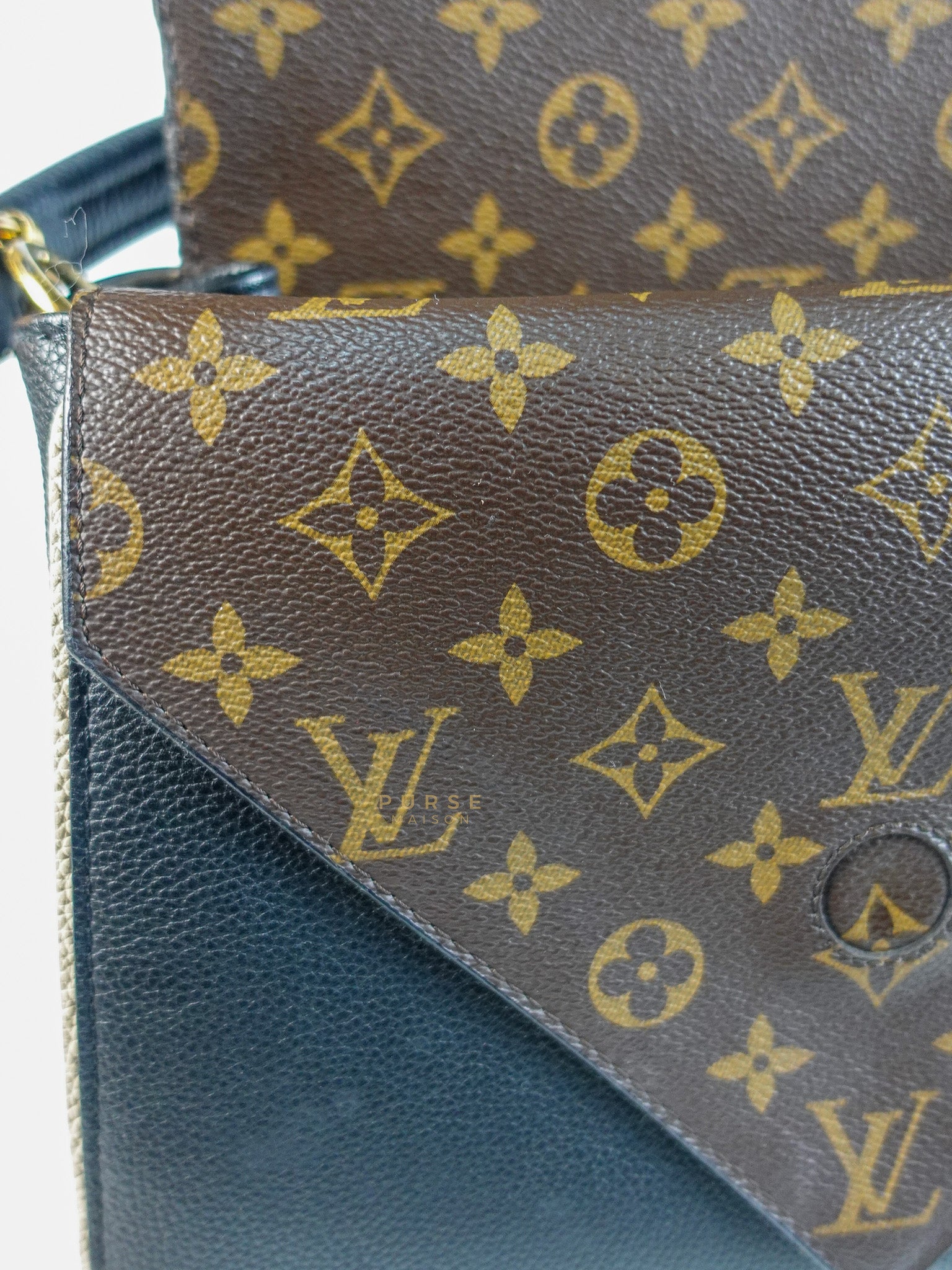 Double V Satchel Medium in Dark Navy Blue Monogram and Black Canvas (Date code: TR3108) | Purse Maison Luxury Bags Shop