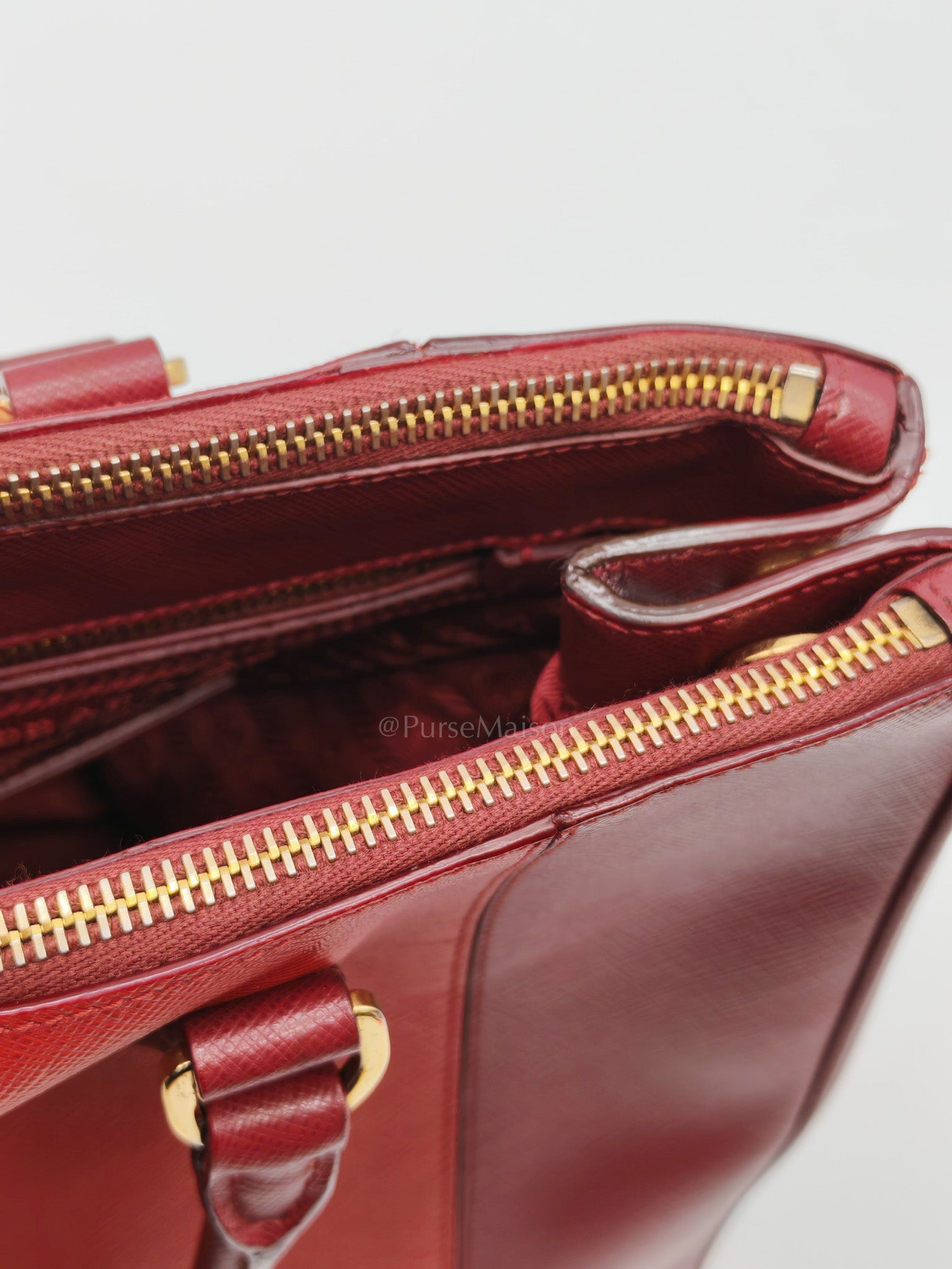Double Zip Tote in Bi-color Saffiano Lux Cerise and Fuoco | Purse Maison Luxury Bags Shop