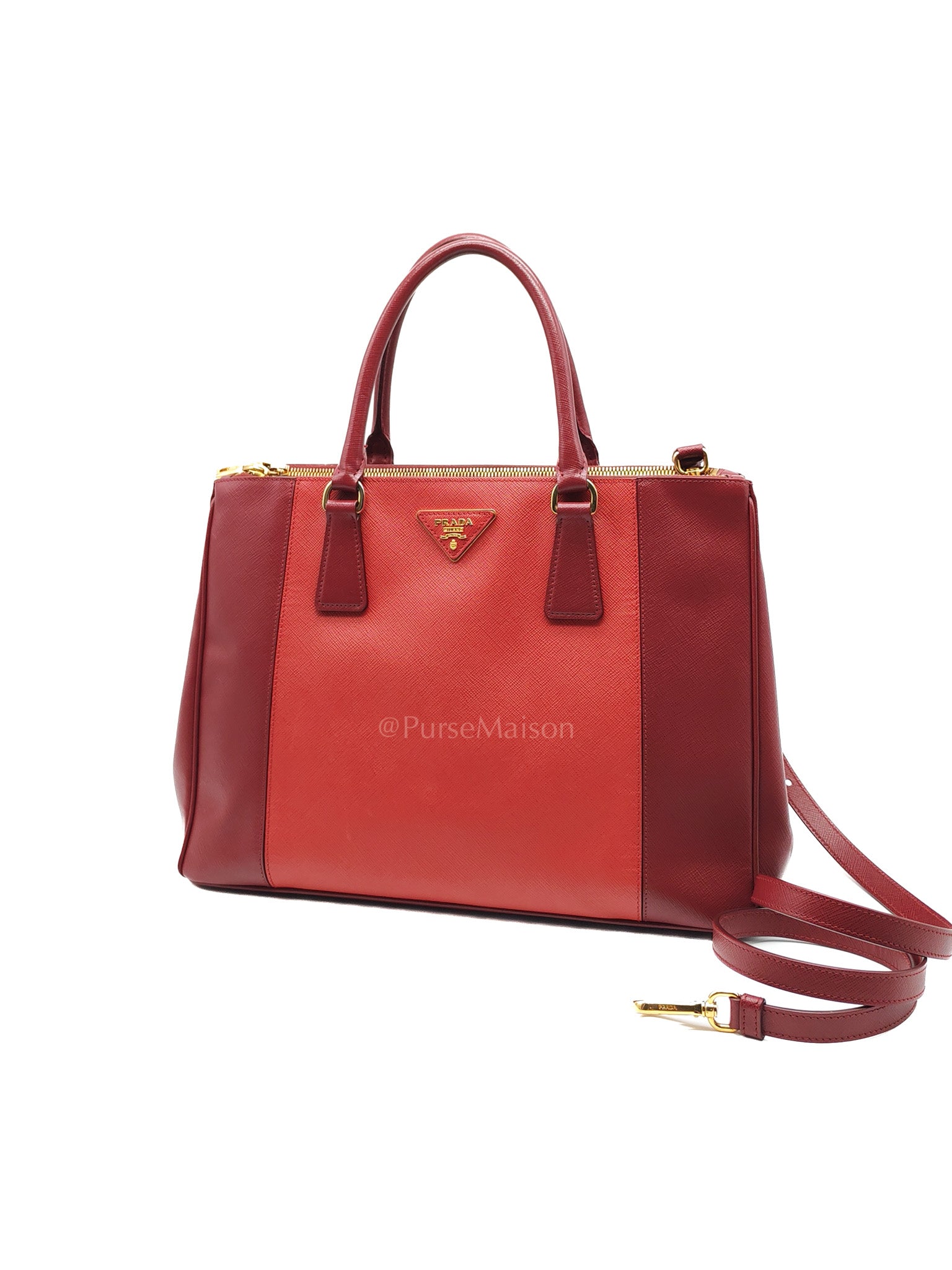 Double Zip Tote in Bi-color Saffiano Lux Cerise and Fuoco | Purse Maison Luxury Bags Shop