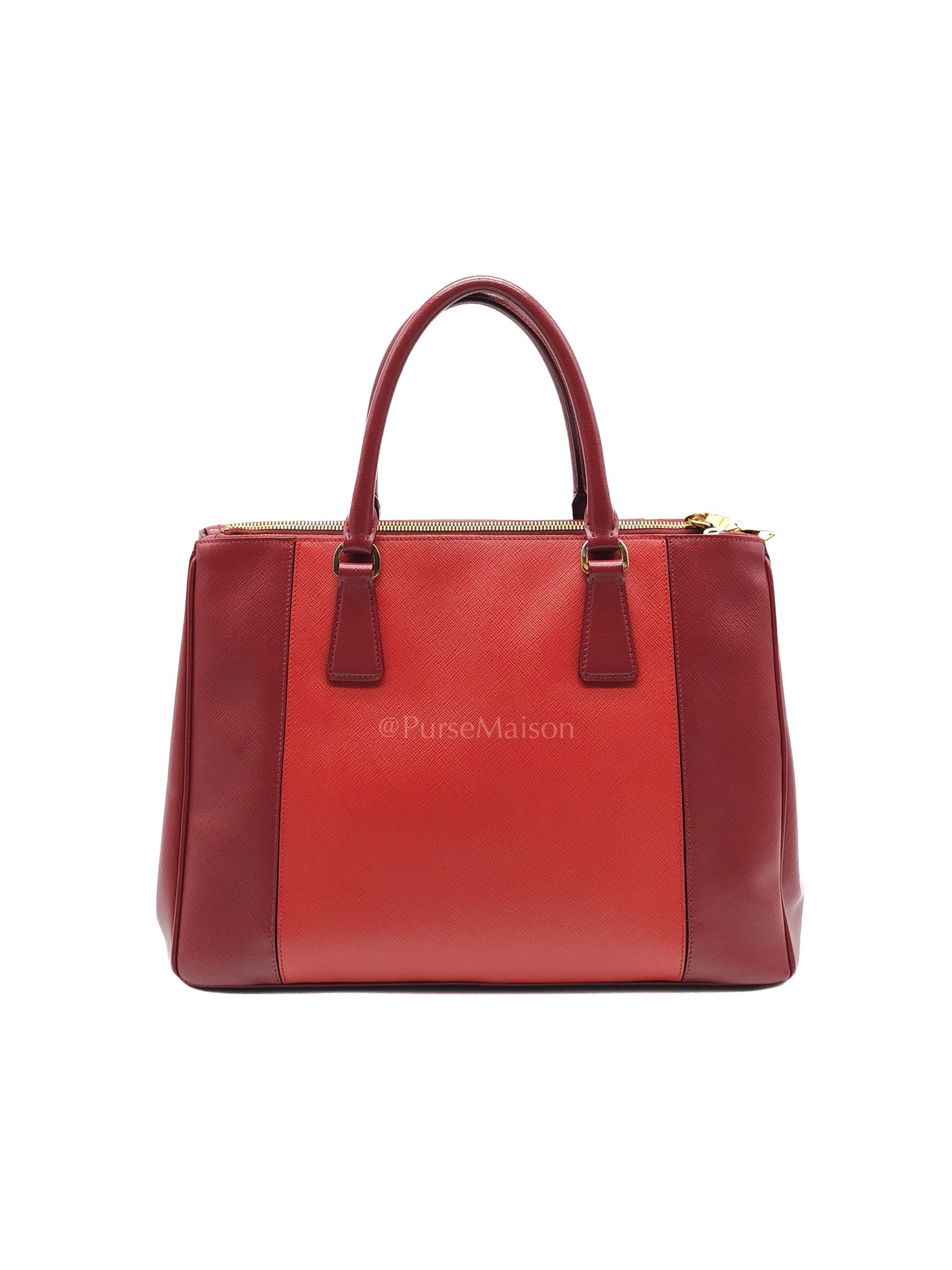 Double Zip Tote in Bi-color Saffiano Lux Cerise and Fuoco | Purse Maison Luxury Bags Shop