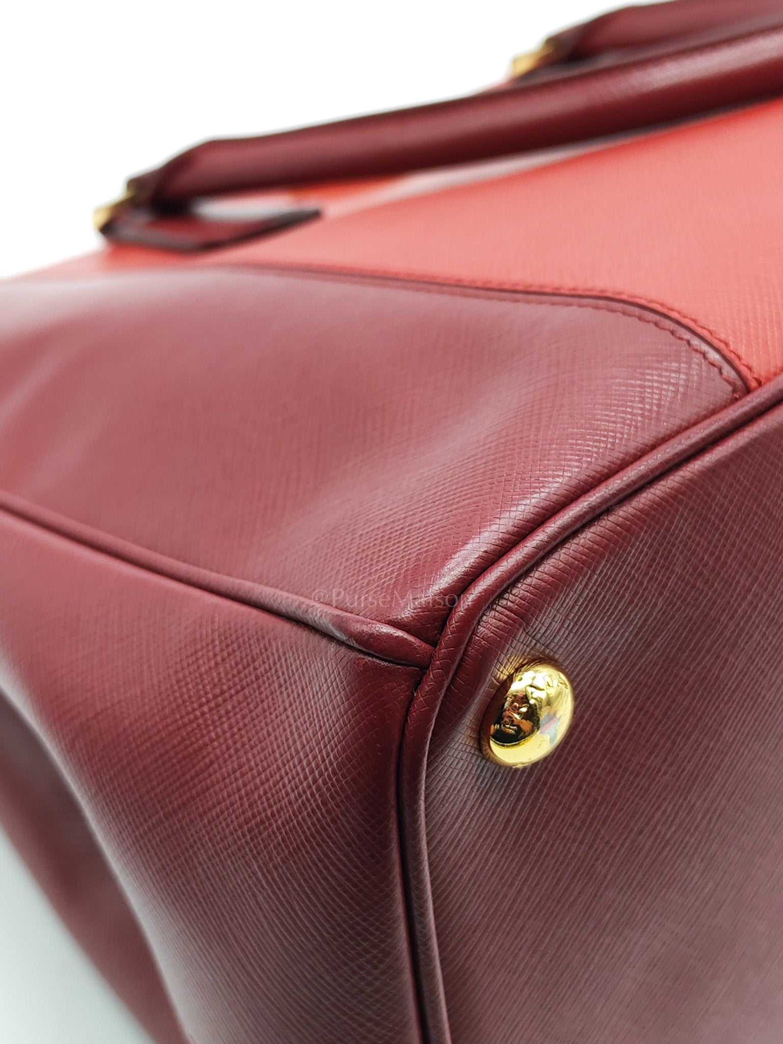 Double Zip Tote in Bi-color Saffiano Lux Cerise and Fuoco | Purse Maison Luxury Bags Shop