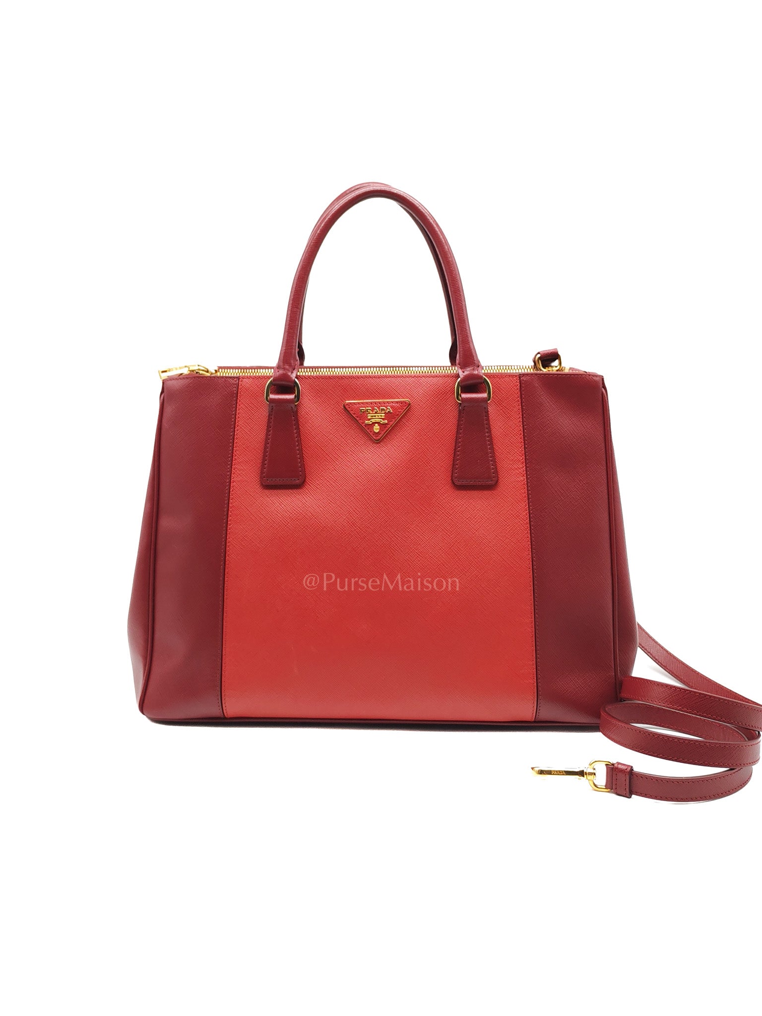 Double Zip Tote in Bi-color Saffiano Lux Cerise and Fuoco | Purse Maison Luxury Bags Shop