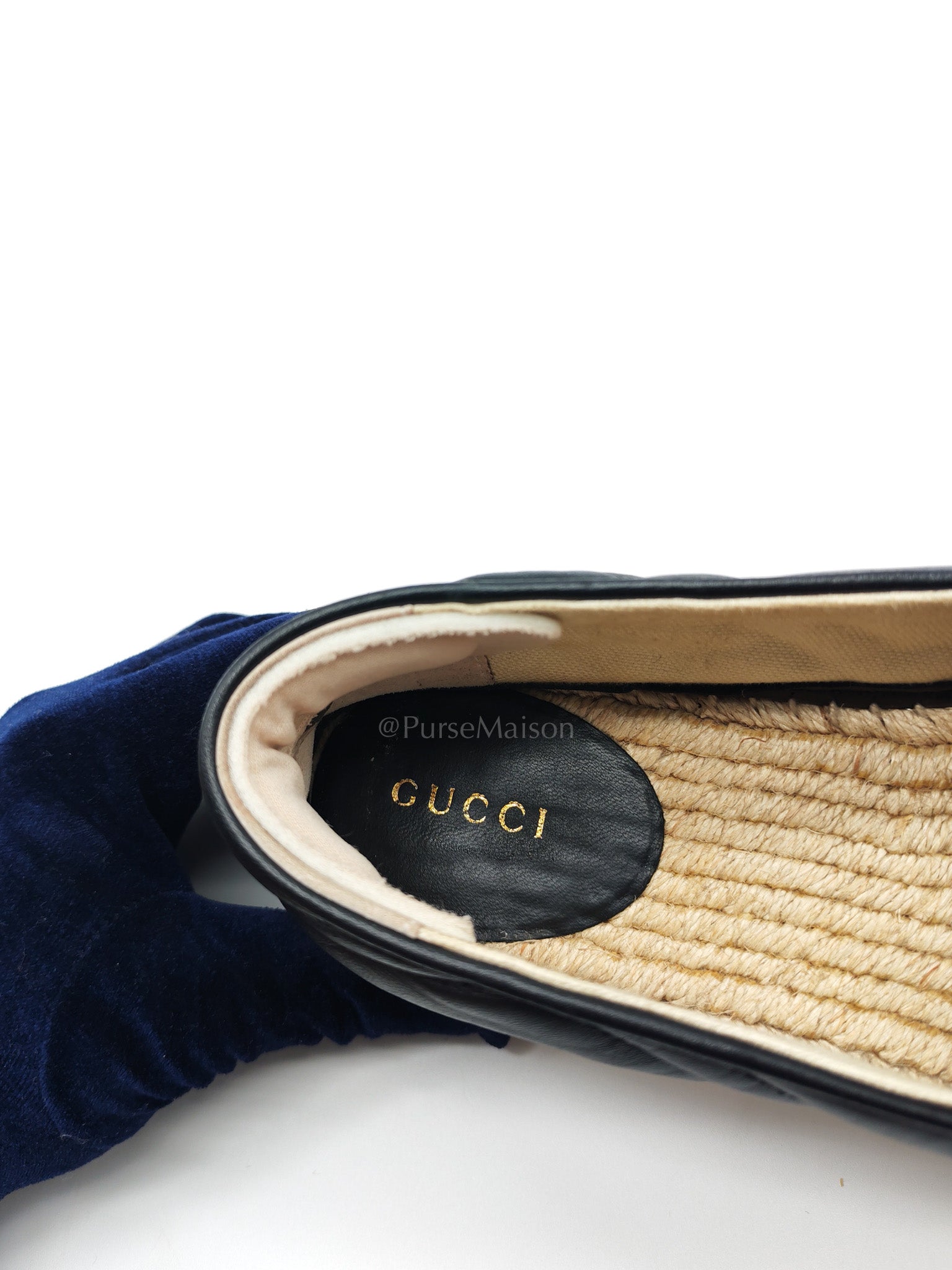Double G Matelasse Espadrilles in Black Chevron Matellase Leather Size 38 1/2 (24.5cm)