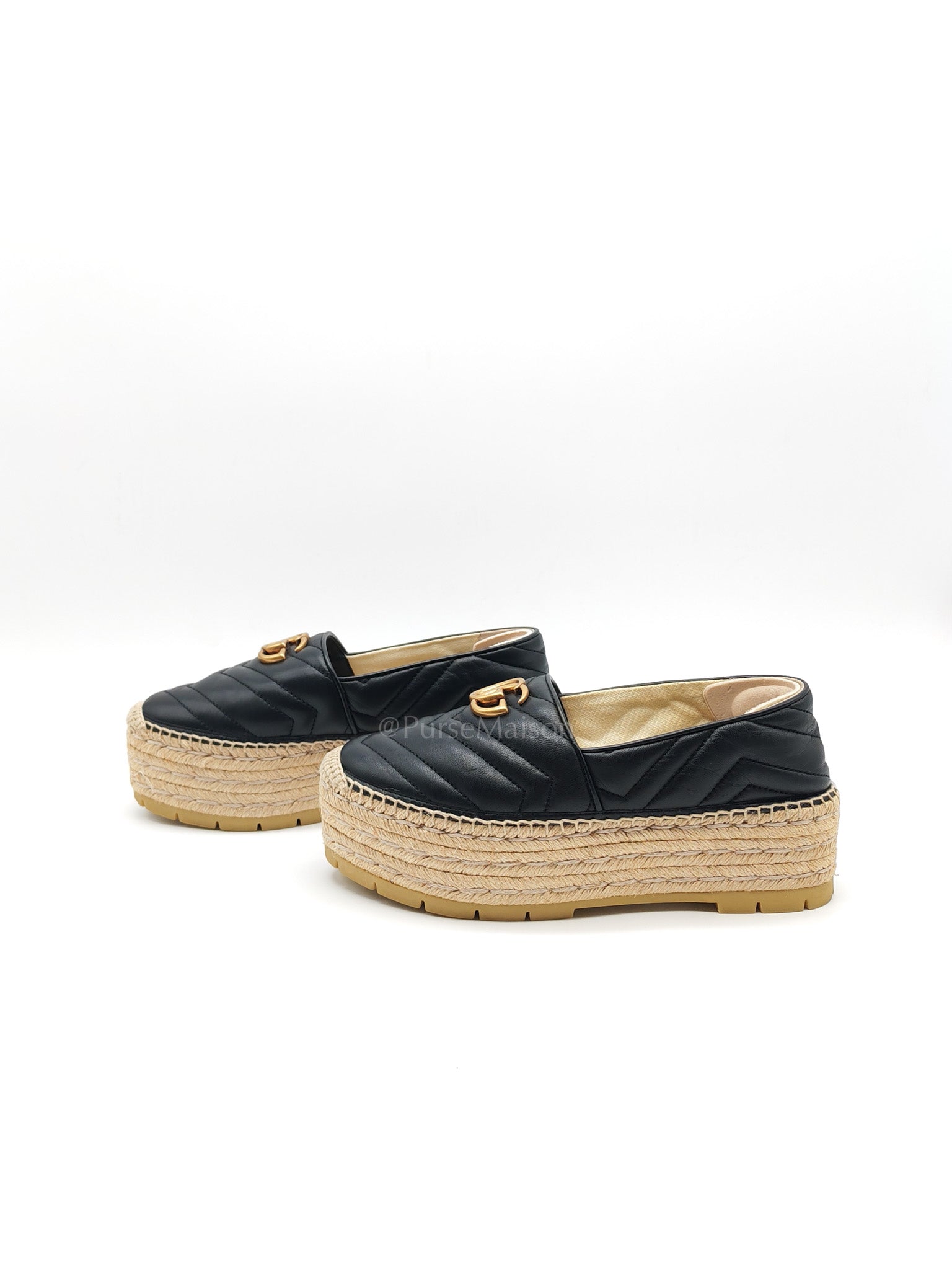 Double G Matelasse Espadrilles in Black Chevron Matellase Leather Size 38 1/2 (24.5cm)