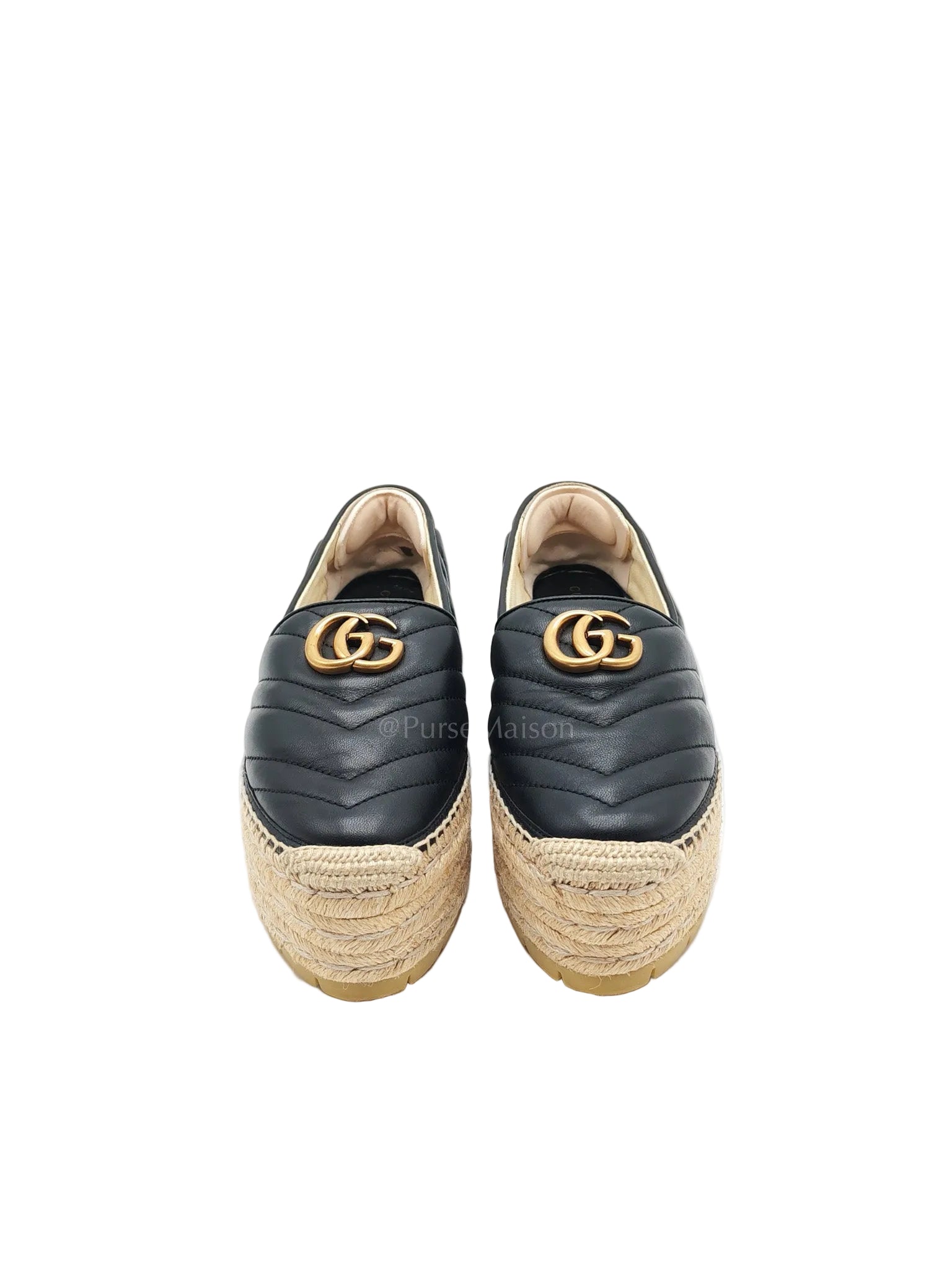 Double G Matelasse Espadrilles in Black Chevron Matellase Leather Size 38 1/2 (24.5cm)