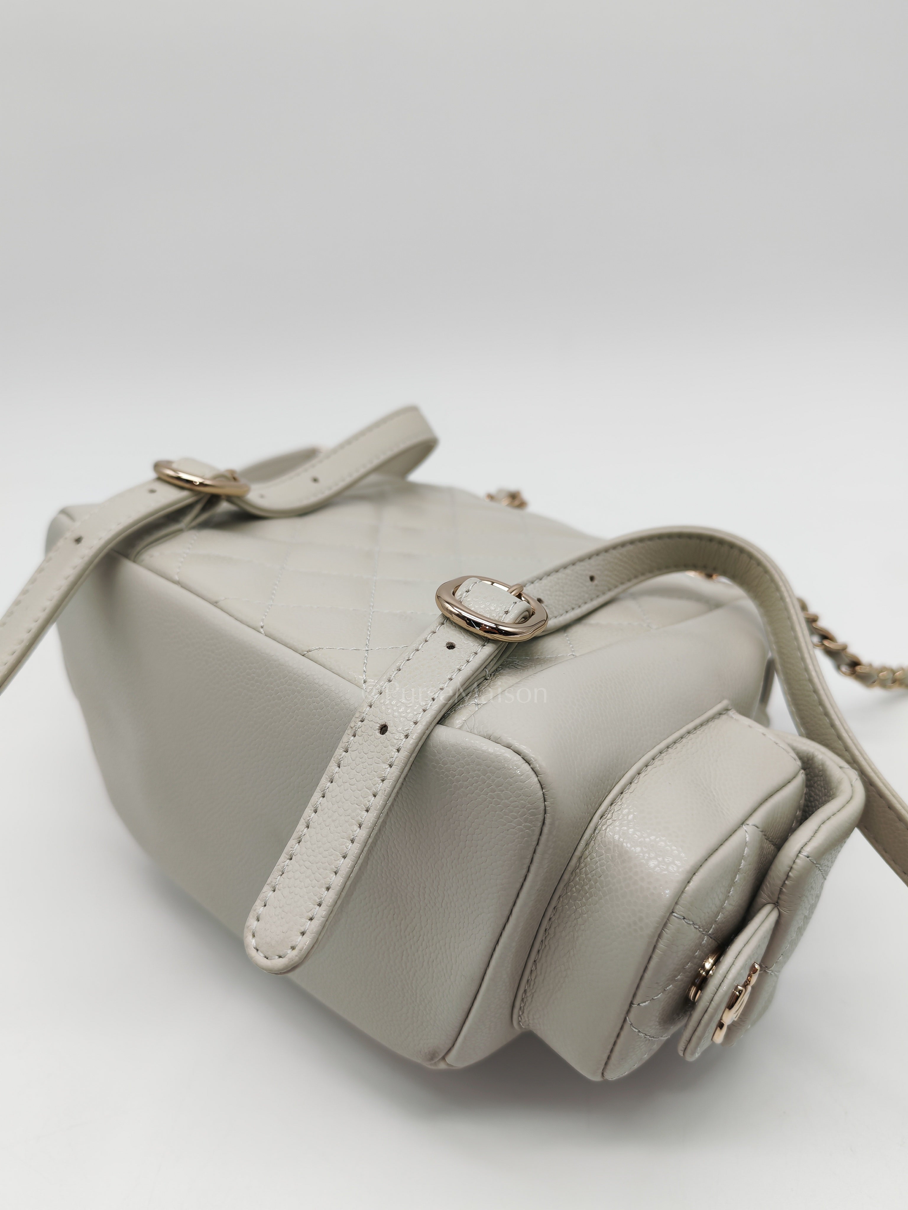 Duma Backpack Small in Gray Caviar Leather & Light Gold Hardware Microchip | Purse Maison Luxury Bags Shop