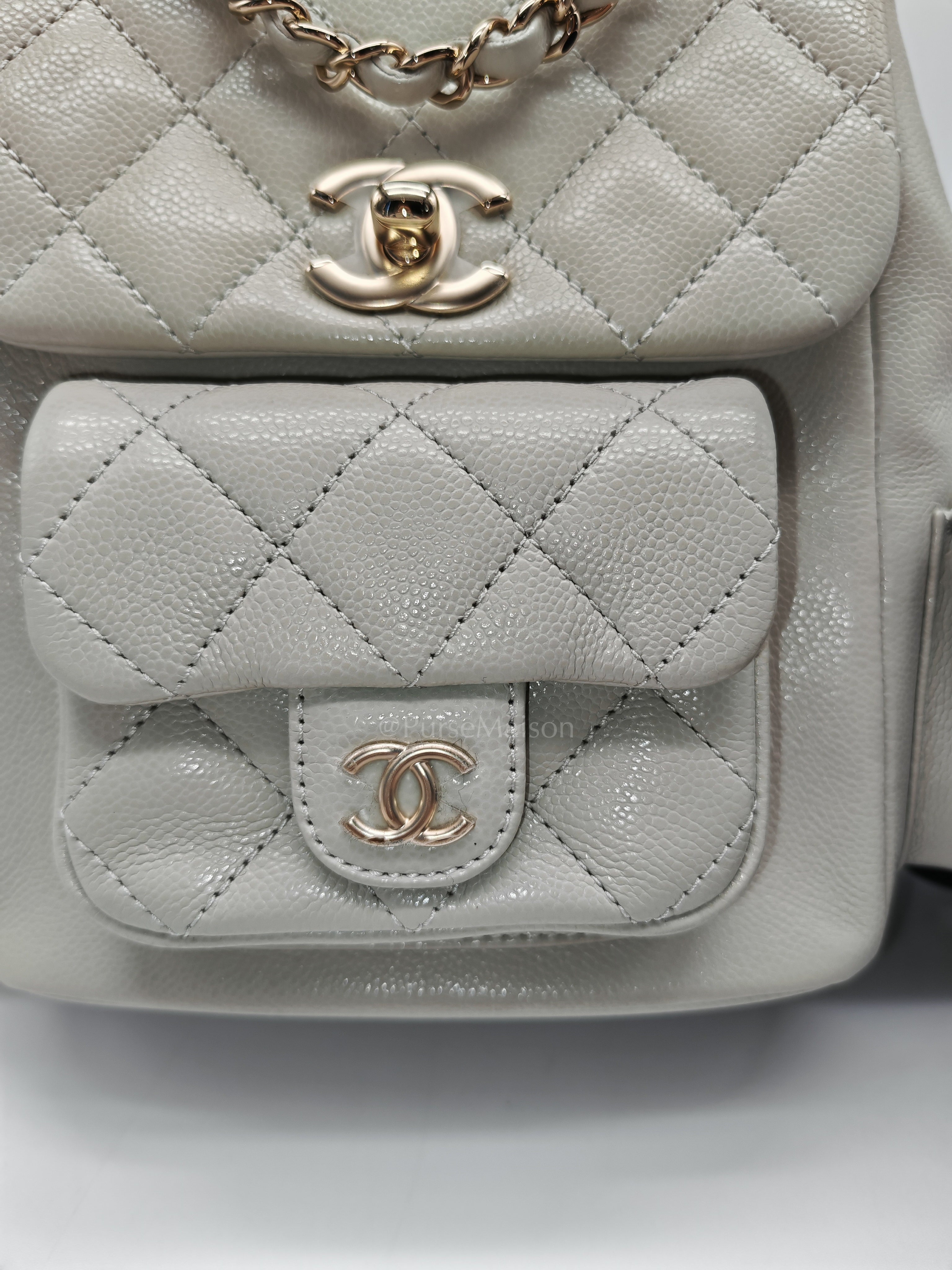 Duma Backpack Small in Gray Caviar Leather & Light Gold Hardware Microchip | Purse Maison Luxury Bags Shop