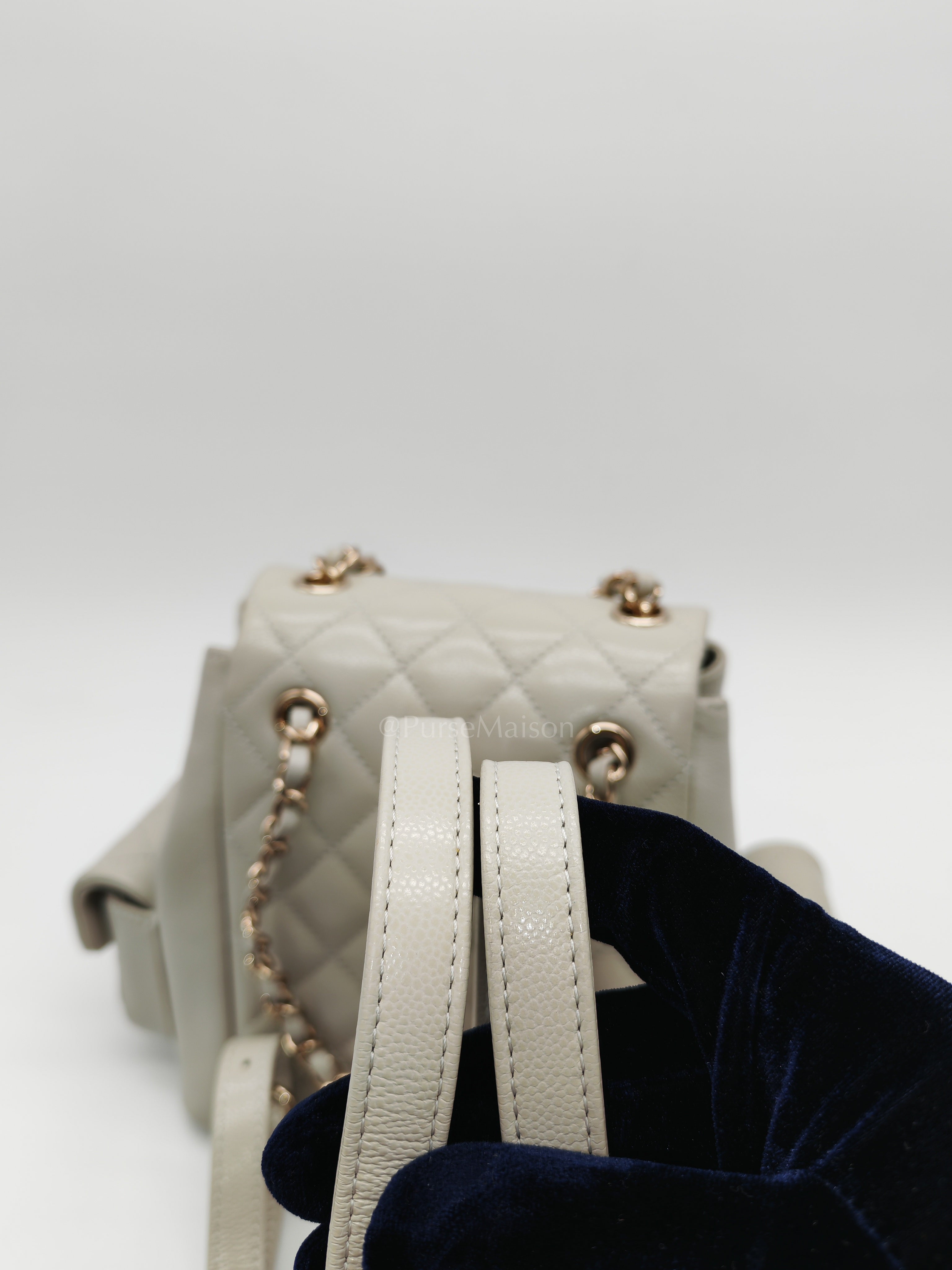 Duma Backpack Small in Gray Caviar Leather & Light Gold Hardware Microchip | Purse Maison Luxury Bags Shop