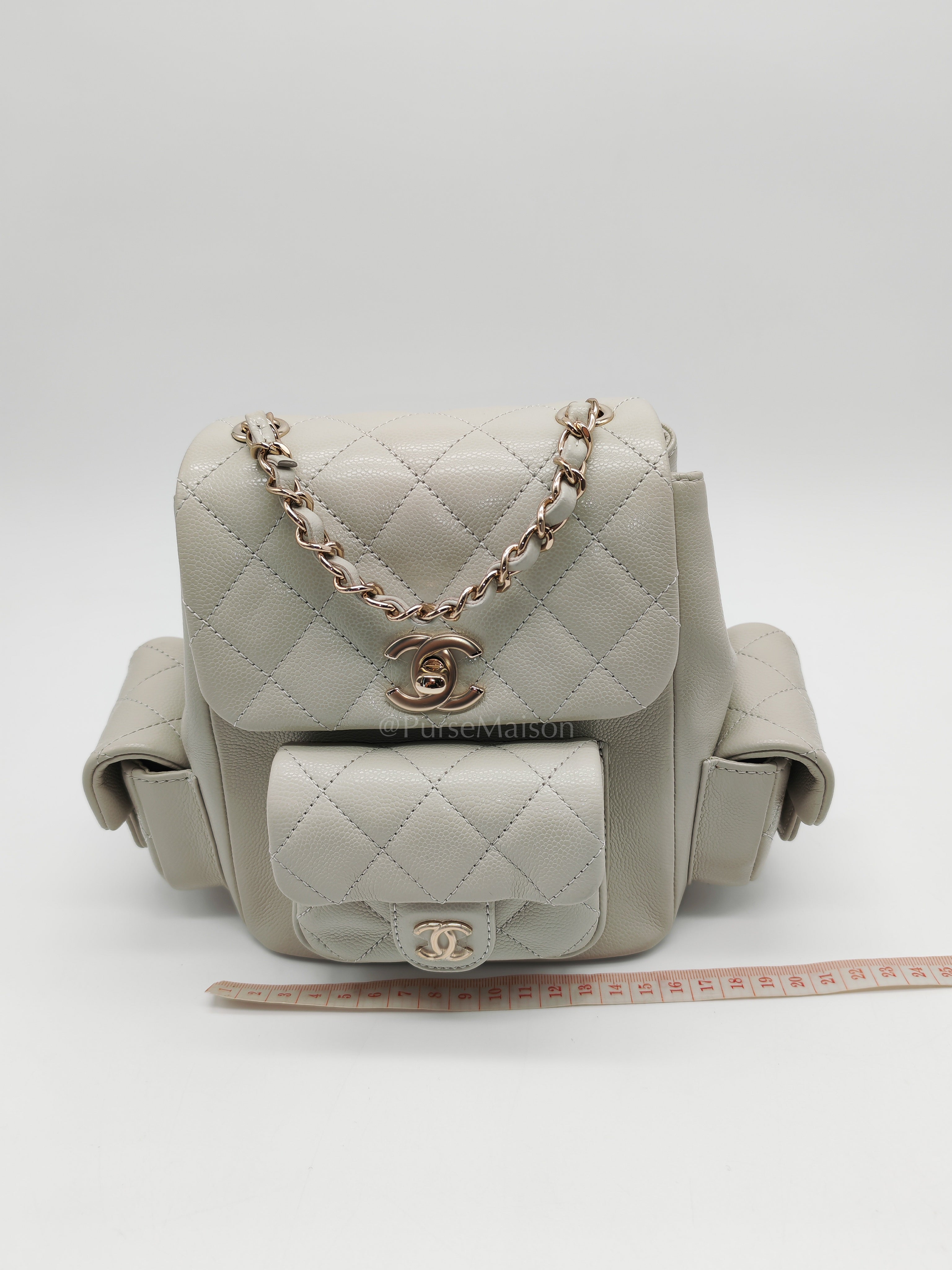 Duma Backpack Small in Gray Caviar Leather & Light Gold Hardware Microchip | Purse Maison Luxury Bags Shop
