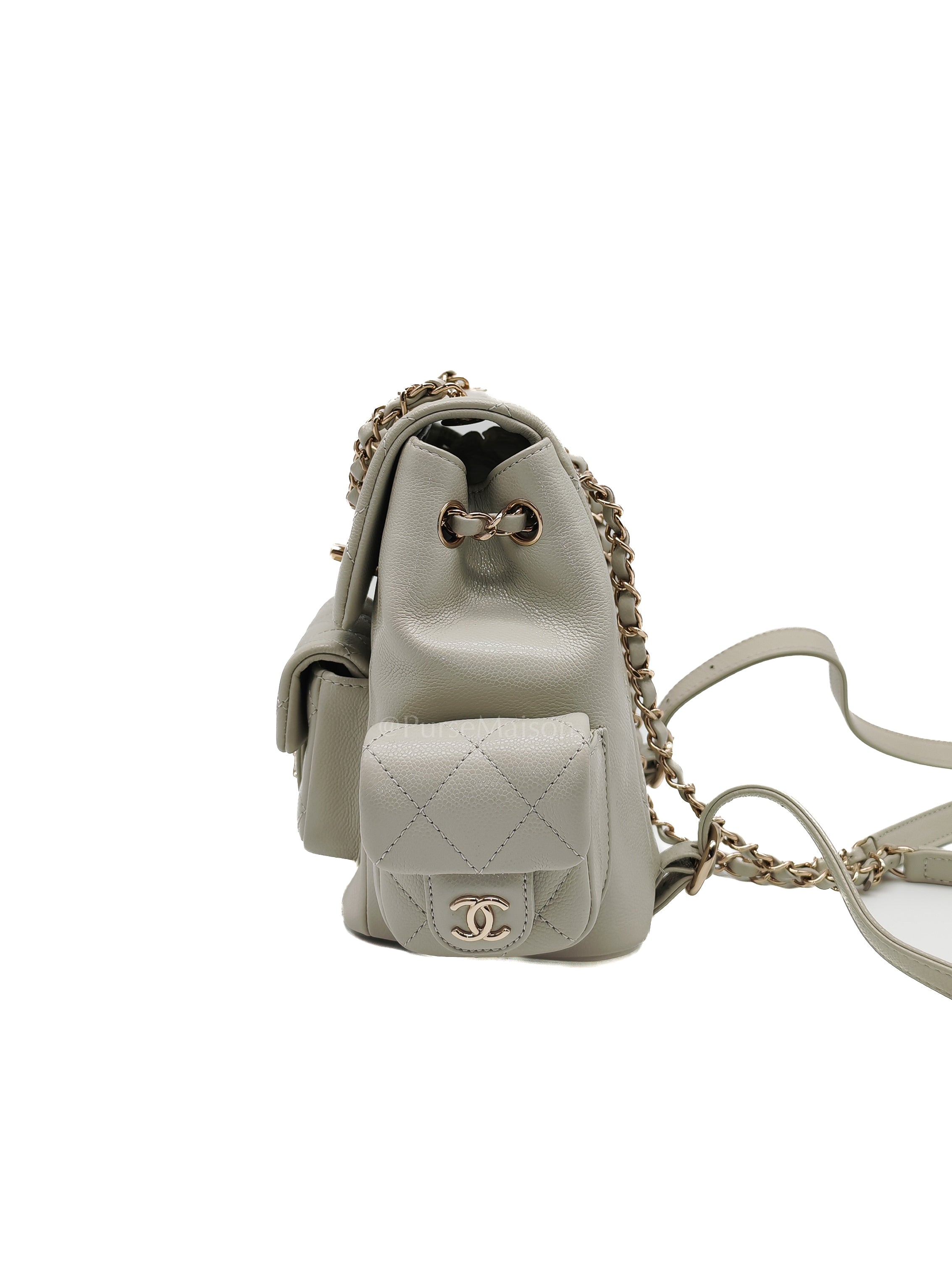Duma Backpack Small in Gray Caviar Leather & Light Gold Hardware Microchip | Purse Maison Luxury Bags Shop