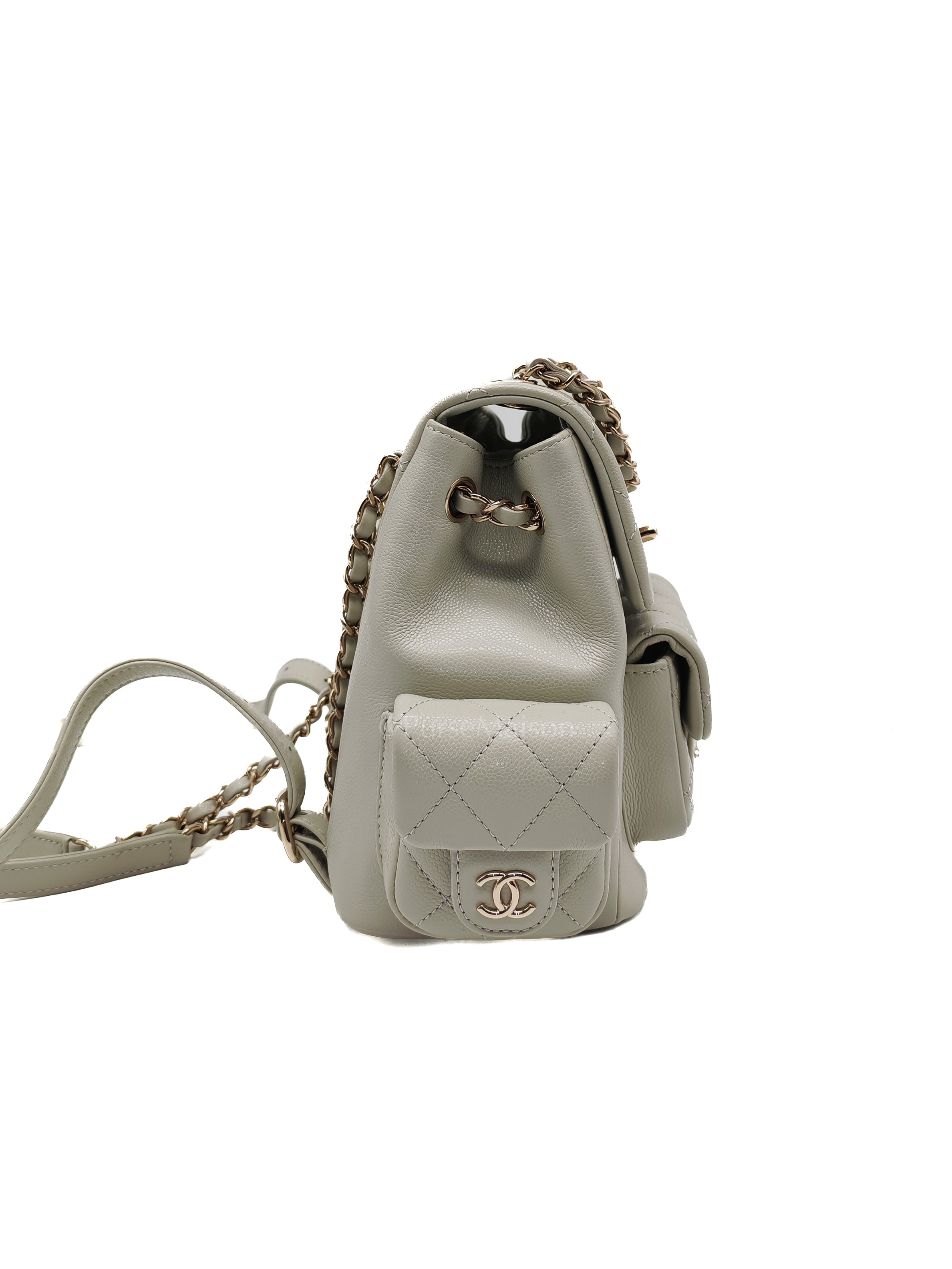 Duma Backpack Small in Gray Caviar Leather & Light Gold Hardware Microchip | Purse Maison Luxury Bags Shop