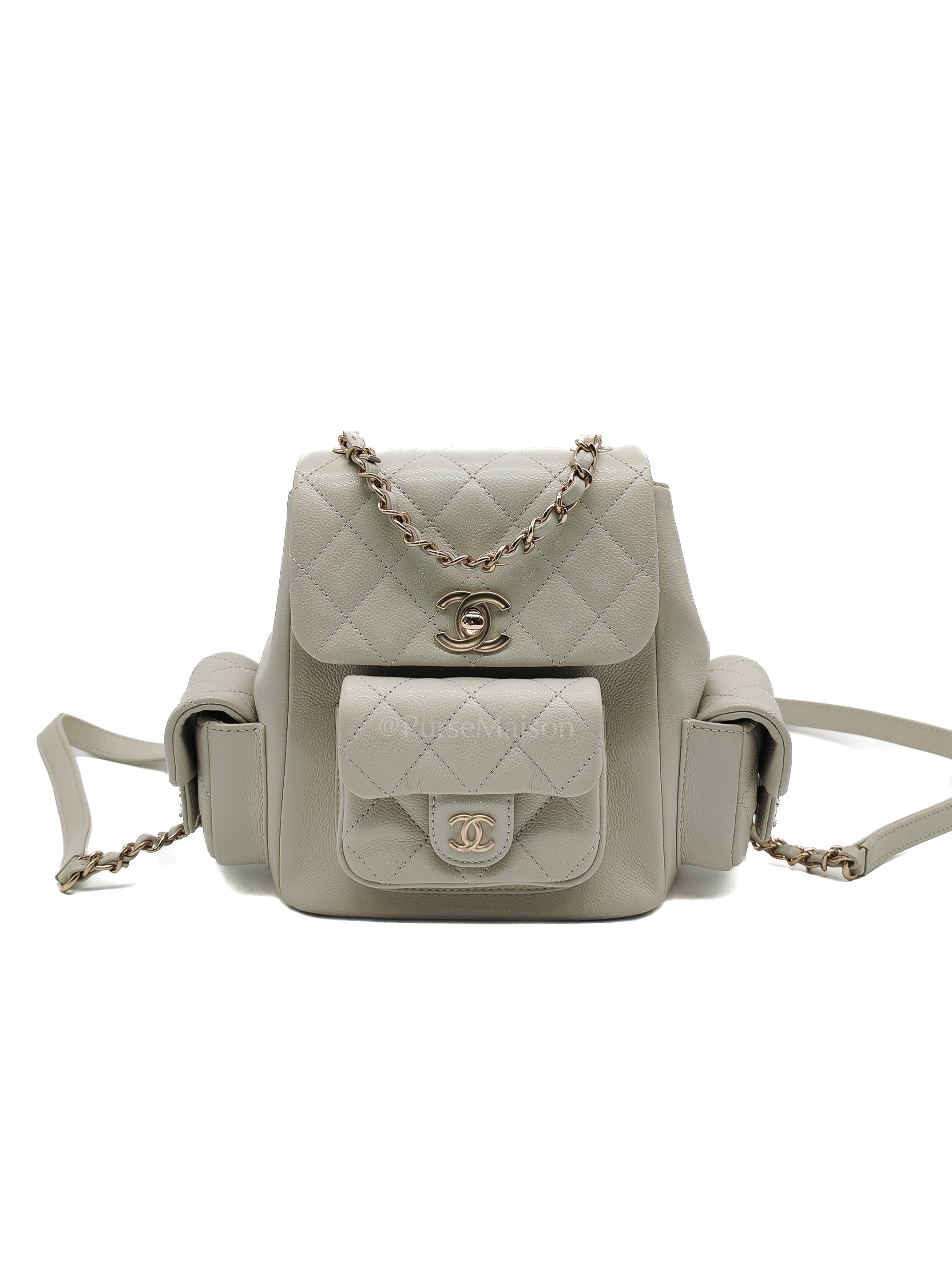 Duma Backpack Small in Gray Caviar Leather & Light Gold Hardware Microchip | Purse Maison Luxury Bags Shop