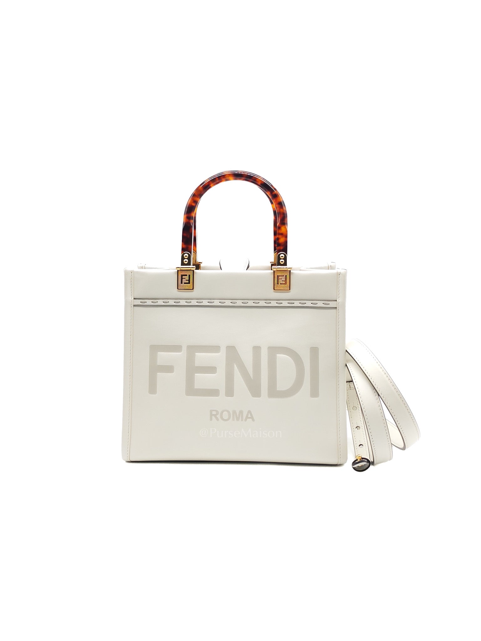 2-Way Sunshine Tote Bag Small in White & Tortoiseshell Plexiglass Handle