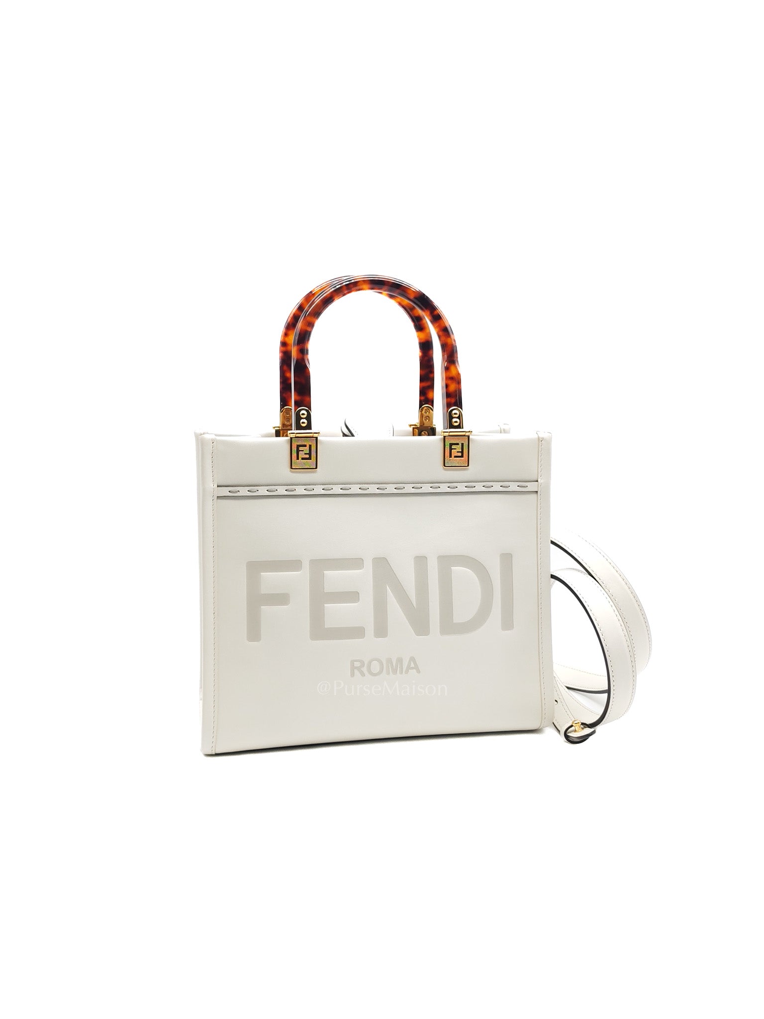 2-Way Sunshine Tote Bag Small in White & Tortoiseshell Plexiglass Handle
