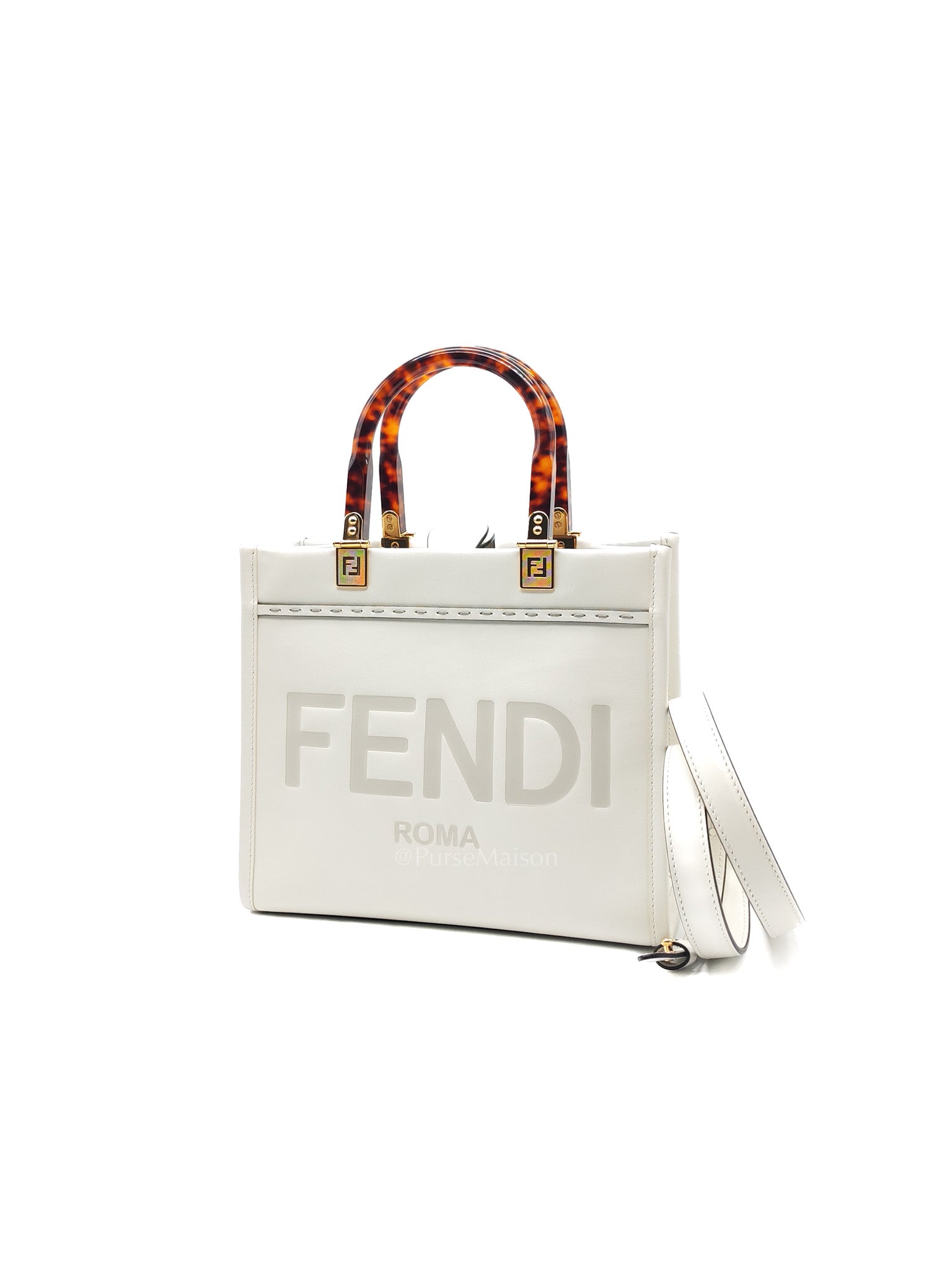 2-Way Sunshine Tote Bag Small in White & Tortoiseshell Plexiglass Handle
