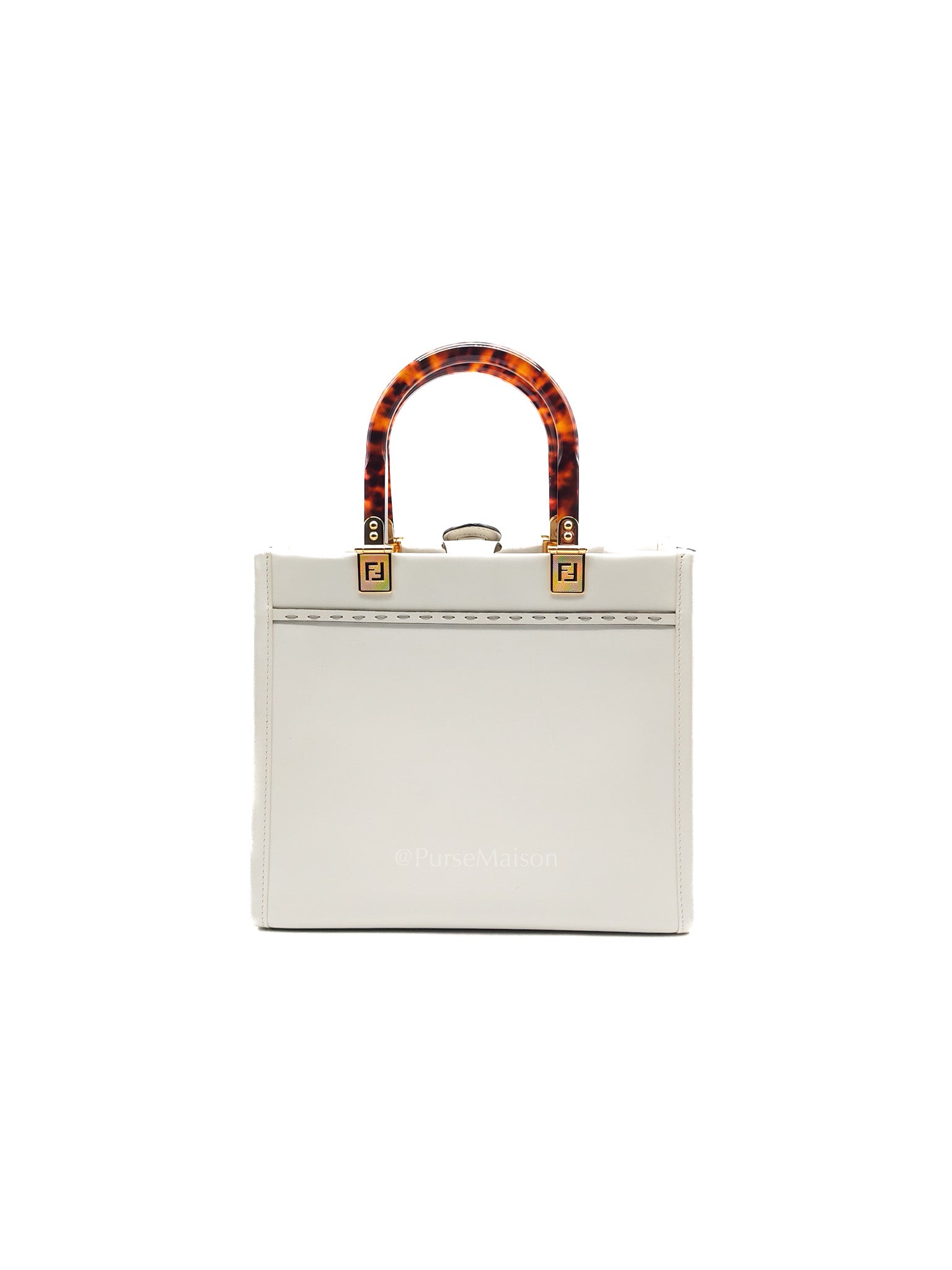 2-Way Sunshine Tote Bag Small in White & Tortoiseshell Plexiglass Handle
