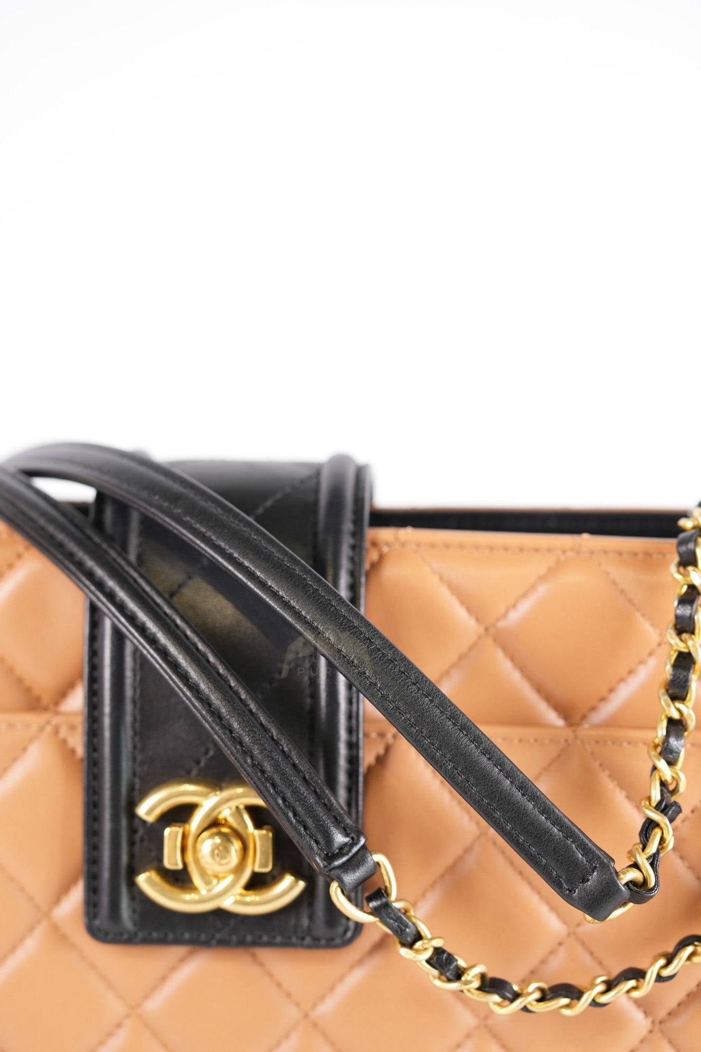 Elegant CC Tote Bag Medium in Beige Black Quilted Lambskin Leather Aged Gold Hardware(Series 23) | Purse Maison Luxury Bags Shop